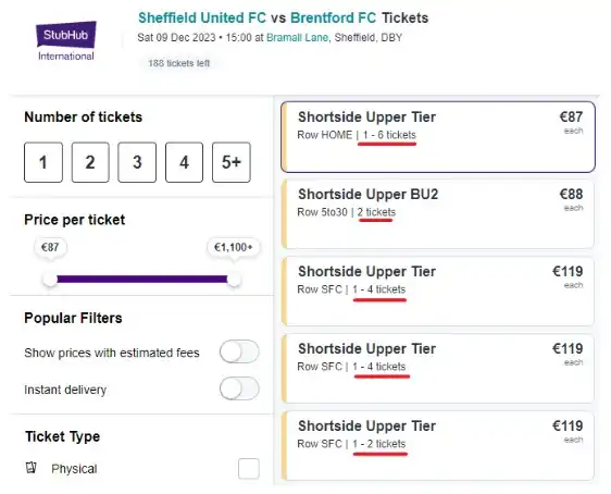 a descriptive information for the tickets we were thinking of purchasing, including how many will be seated together, section and row