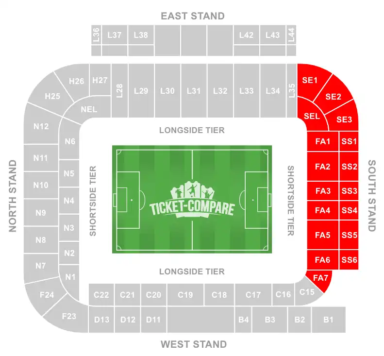 Elland Road Stadium Seating Plan with South Stand highlighted