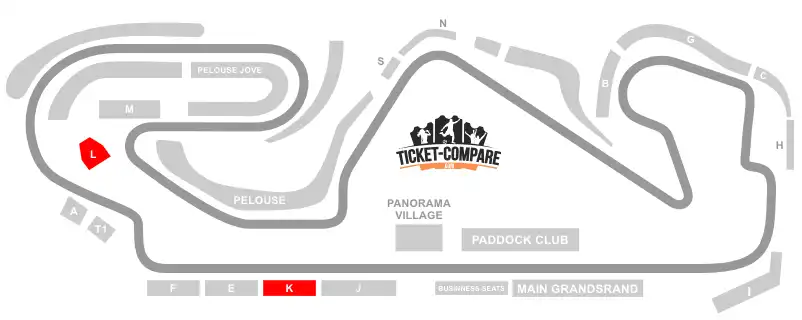 Screenshot of Barcelona Circuit seating plan with K and L stands highlighted