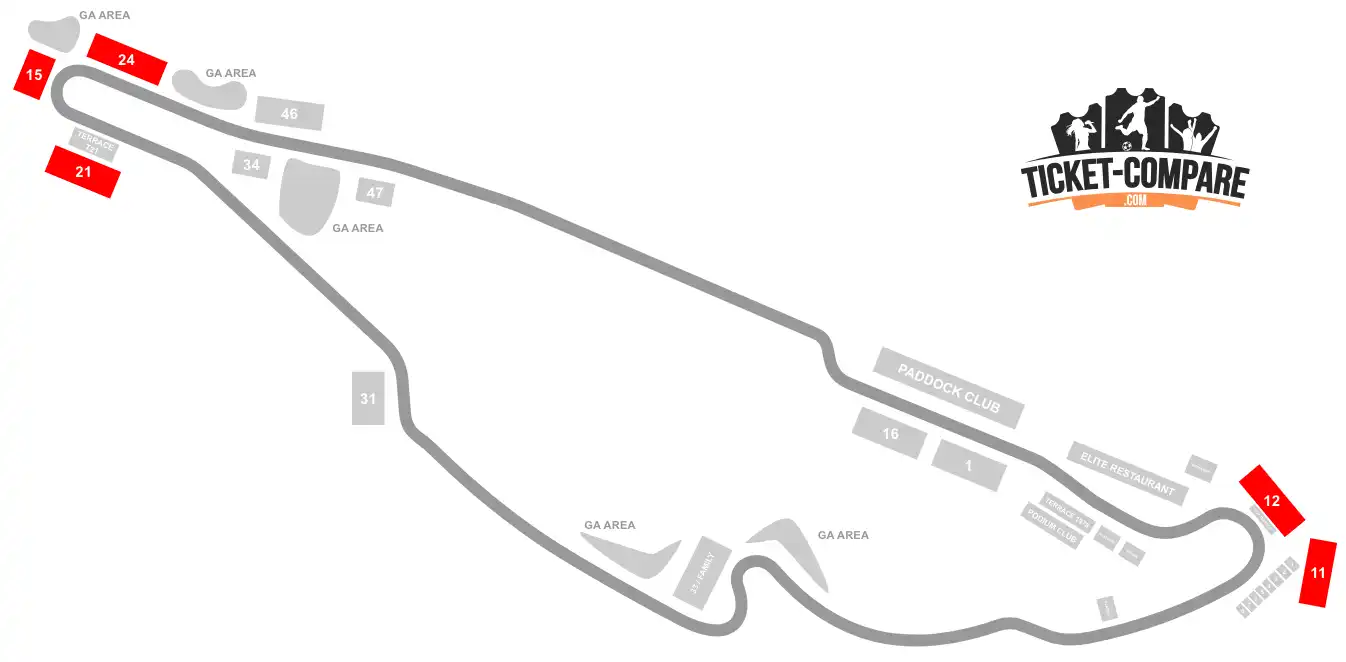Screenshot of Circuit Gilles Villeneuve seating plan with 11. 12, 15, 21 and 24 stands highlighyed highlighted