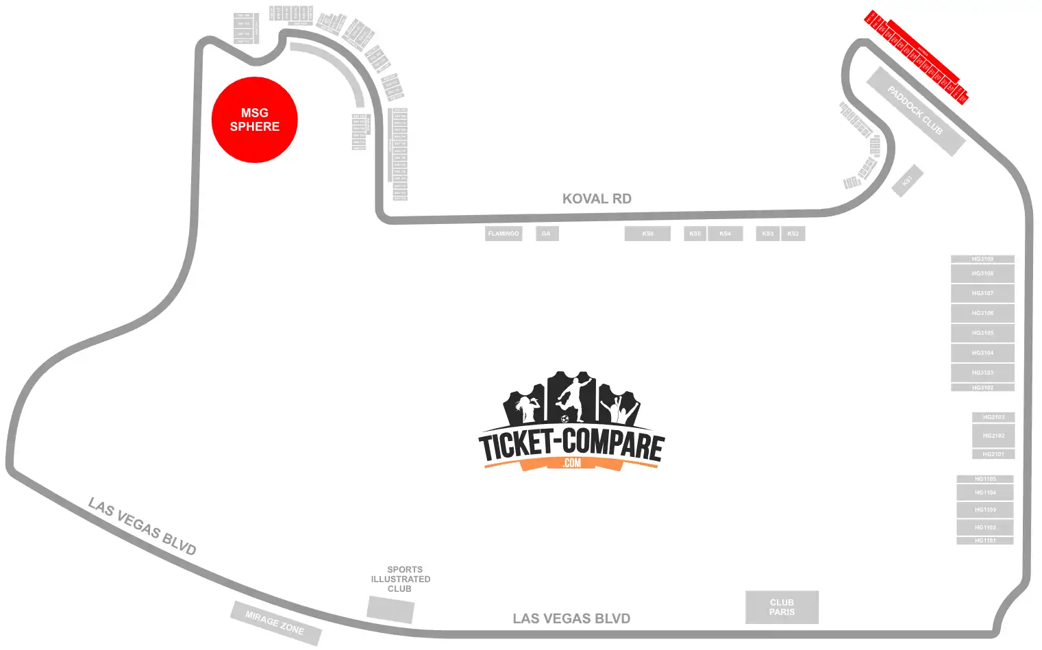 Screenshot of Las Vegas Strip Circuit seating plan with Spere and Main stand highlighted