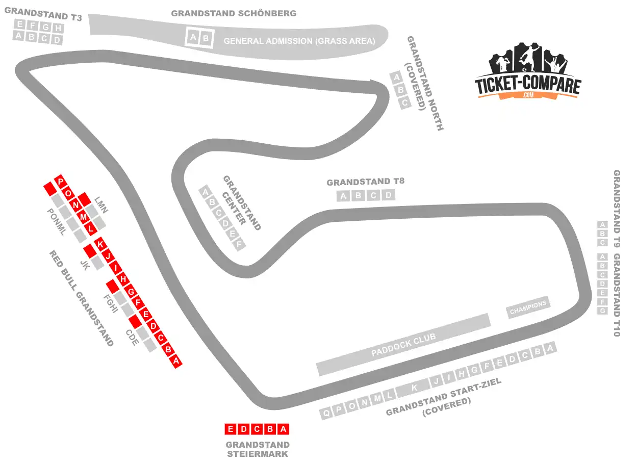 Red Bull Circuit seating plan with Red Bull and Steiermark stands highlighted
