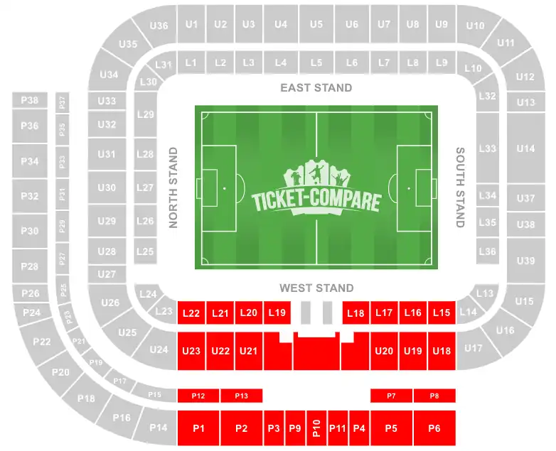 Stadium of Light seating plan with West Stand highlighted