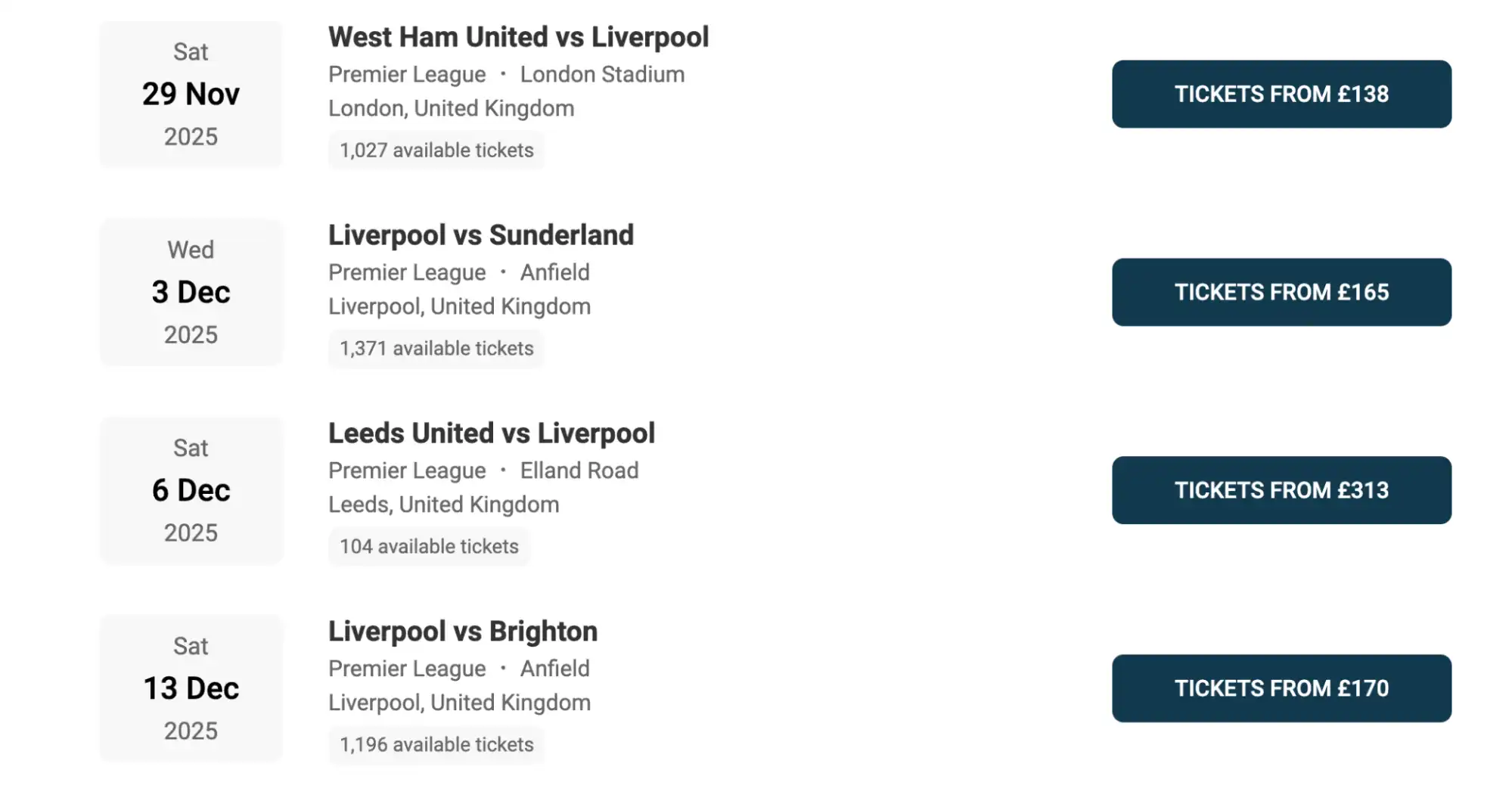 screenshot of Liverpool Fixtures