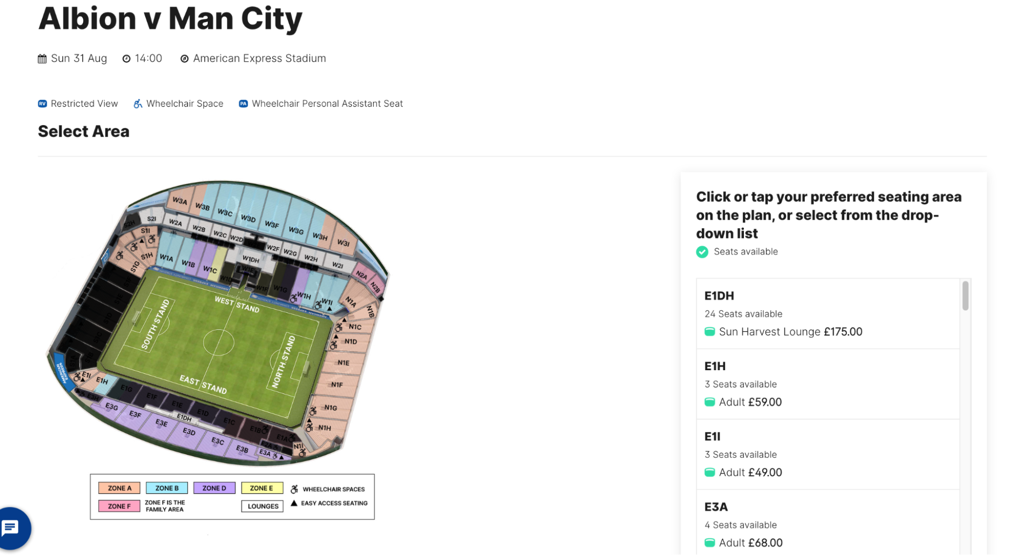 screenshot of AMEX stadium ticket list