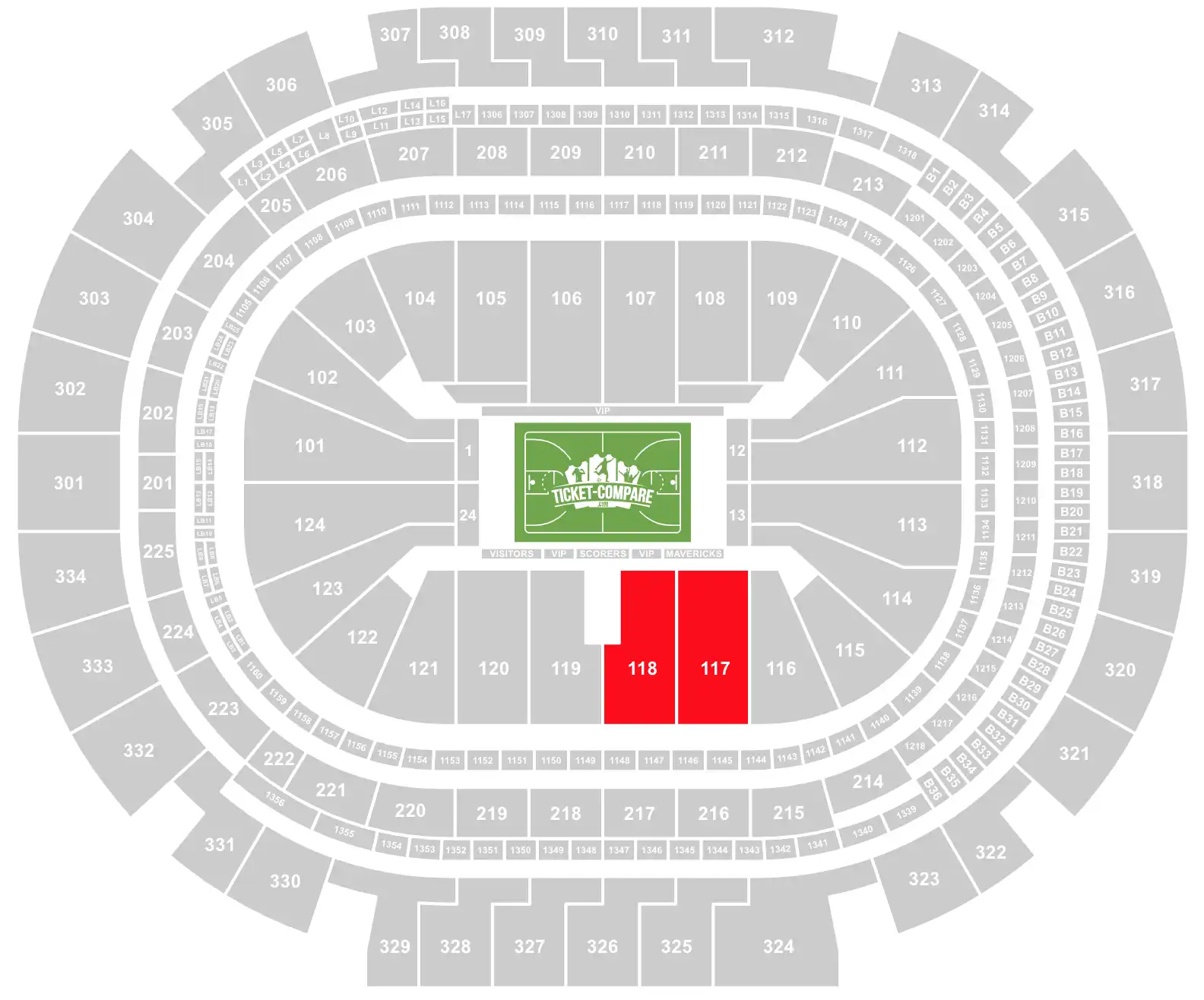 screenshot of American Airlines Center seating plan with 117 and 118 sectors highlighted