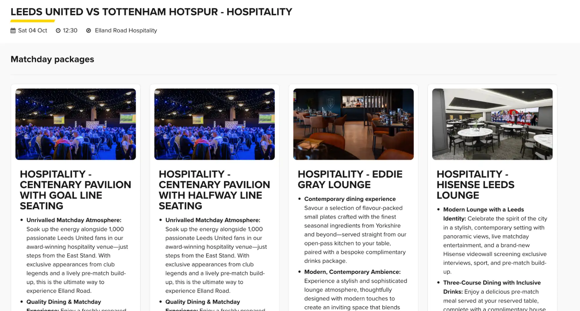 screenshot of Extensive menu of matchday hospitality packages