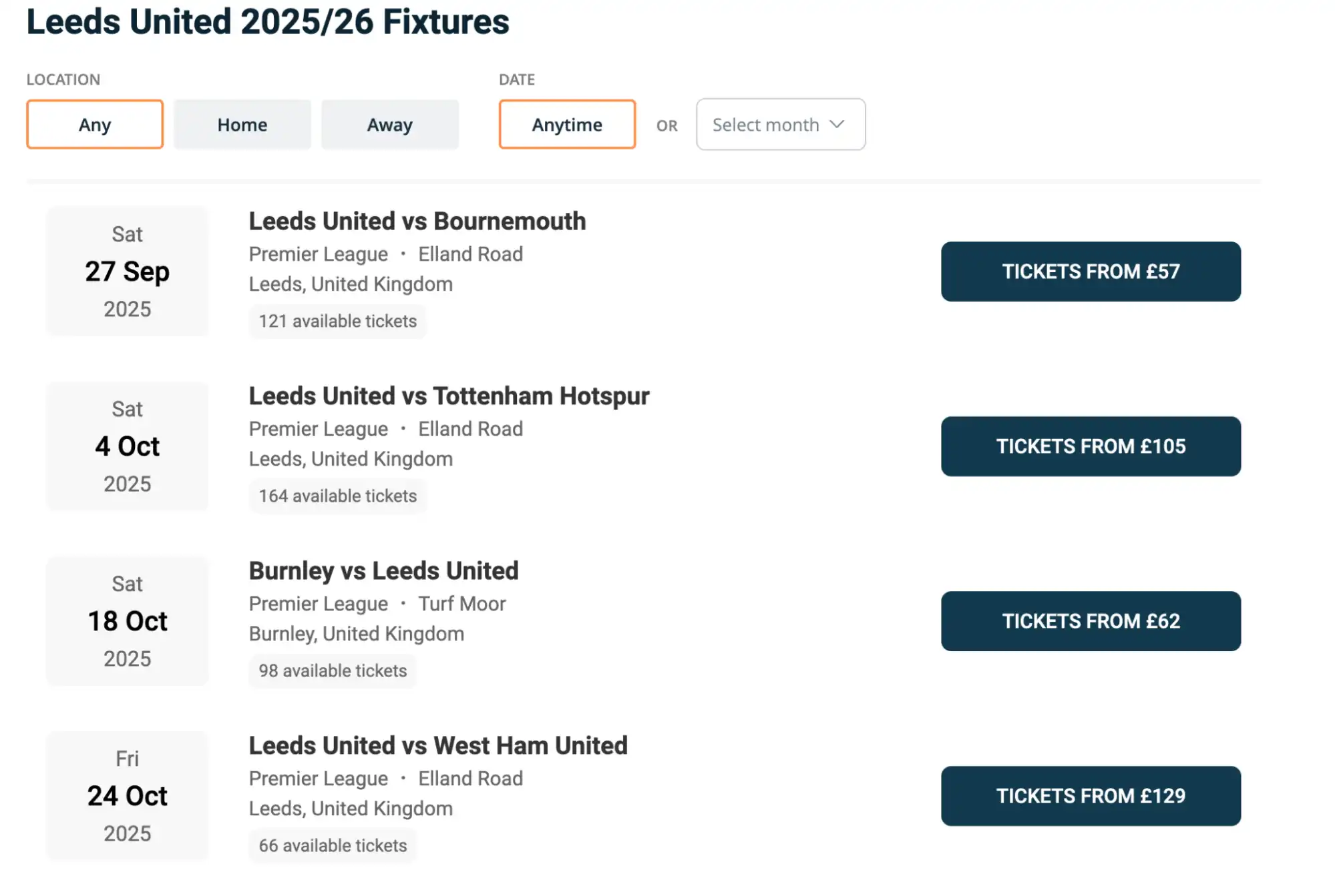 screenshot of Leeds United fixtures list on bubbleblissbeauty.com