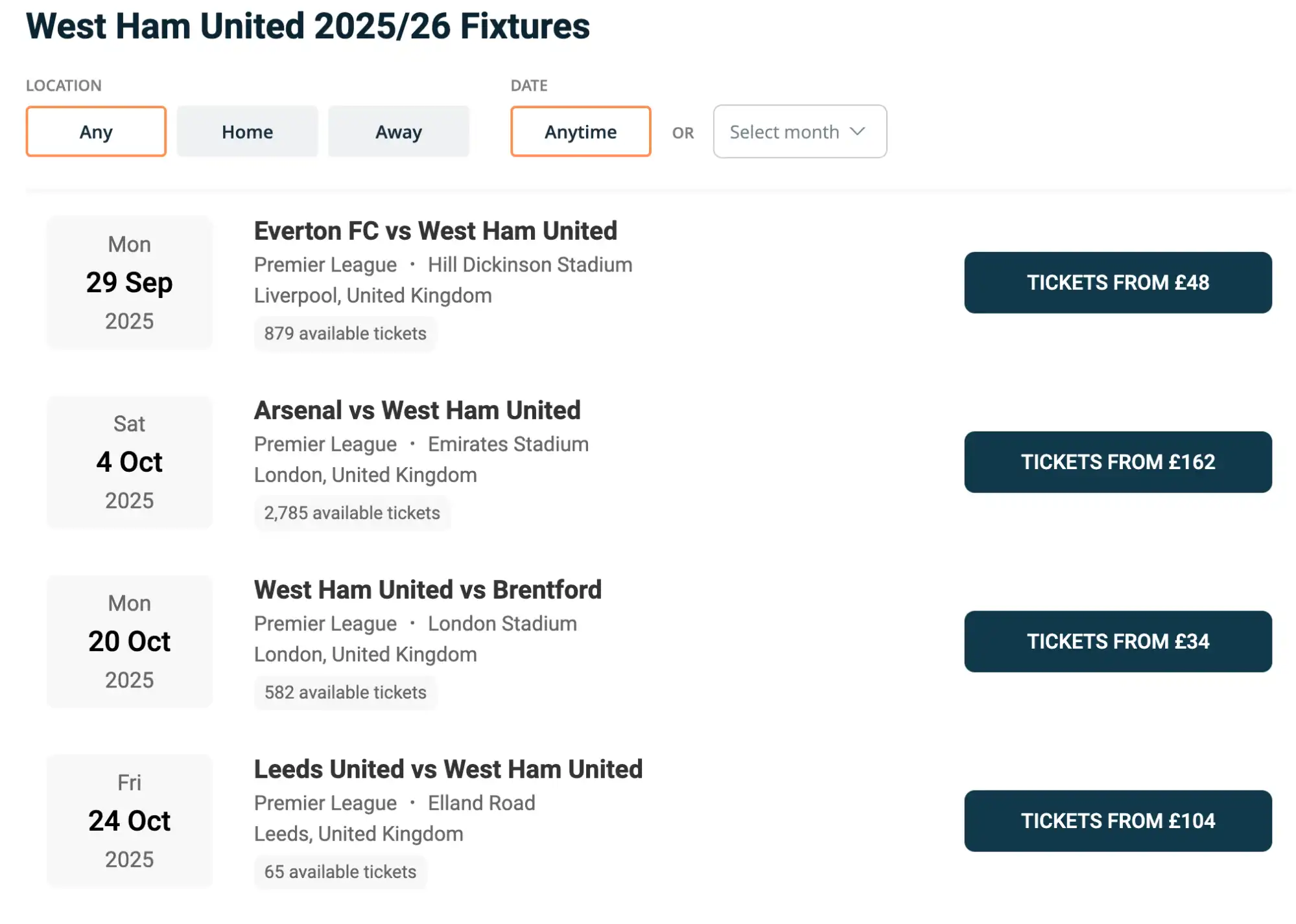 screenshot of West Ham United fixtures on bubbleblissbeauty.com
