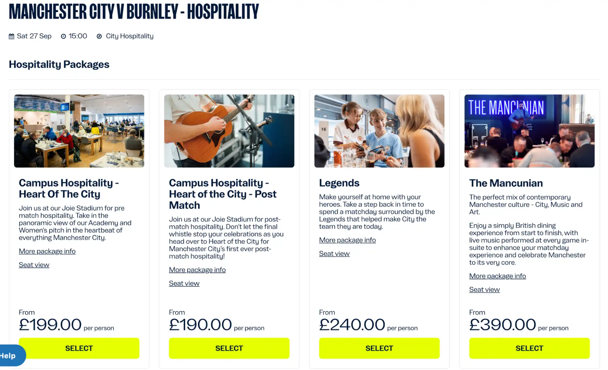 screenshot of Manchester City V Burnley - Hospitality packages