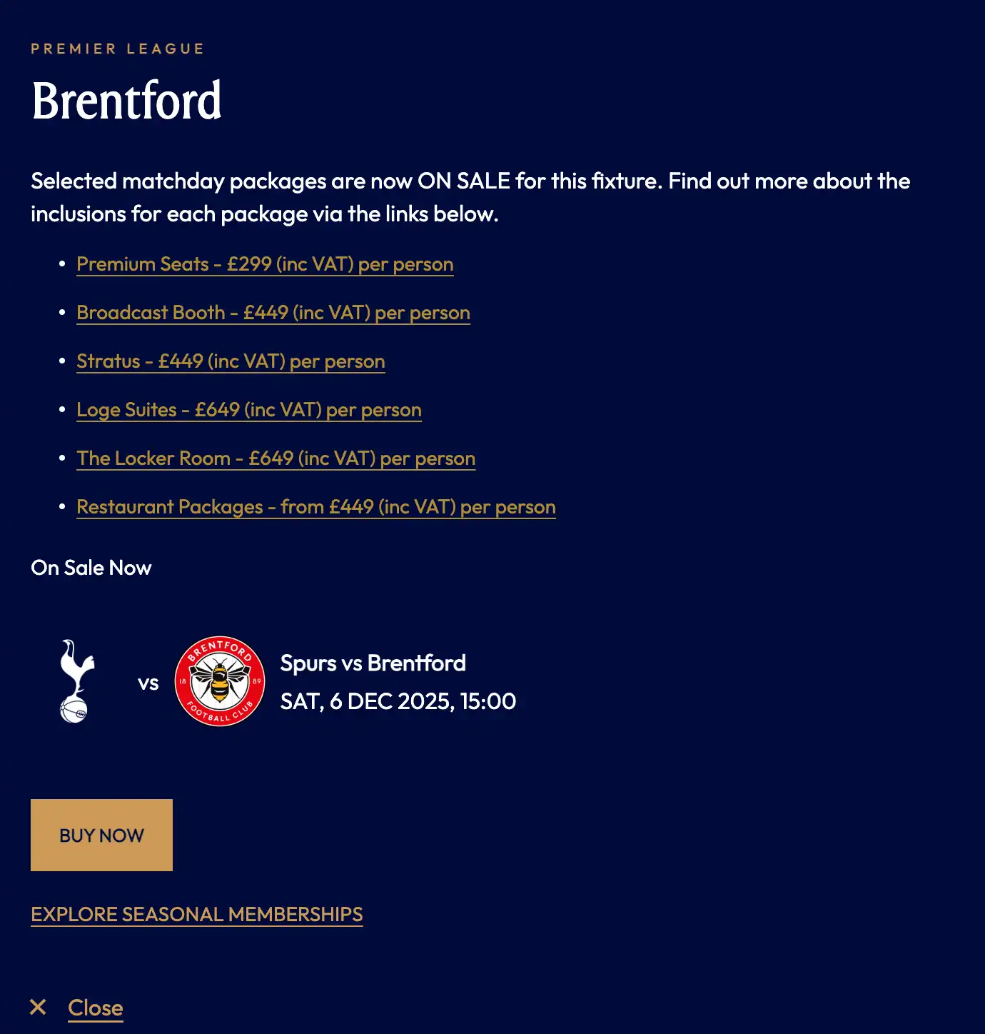 screenshot of available matchday packages