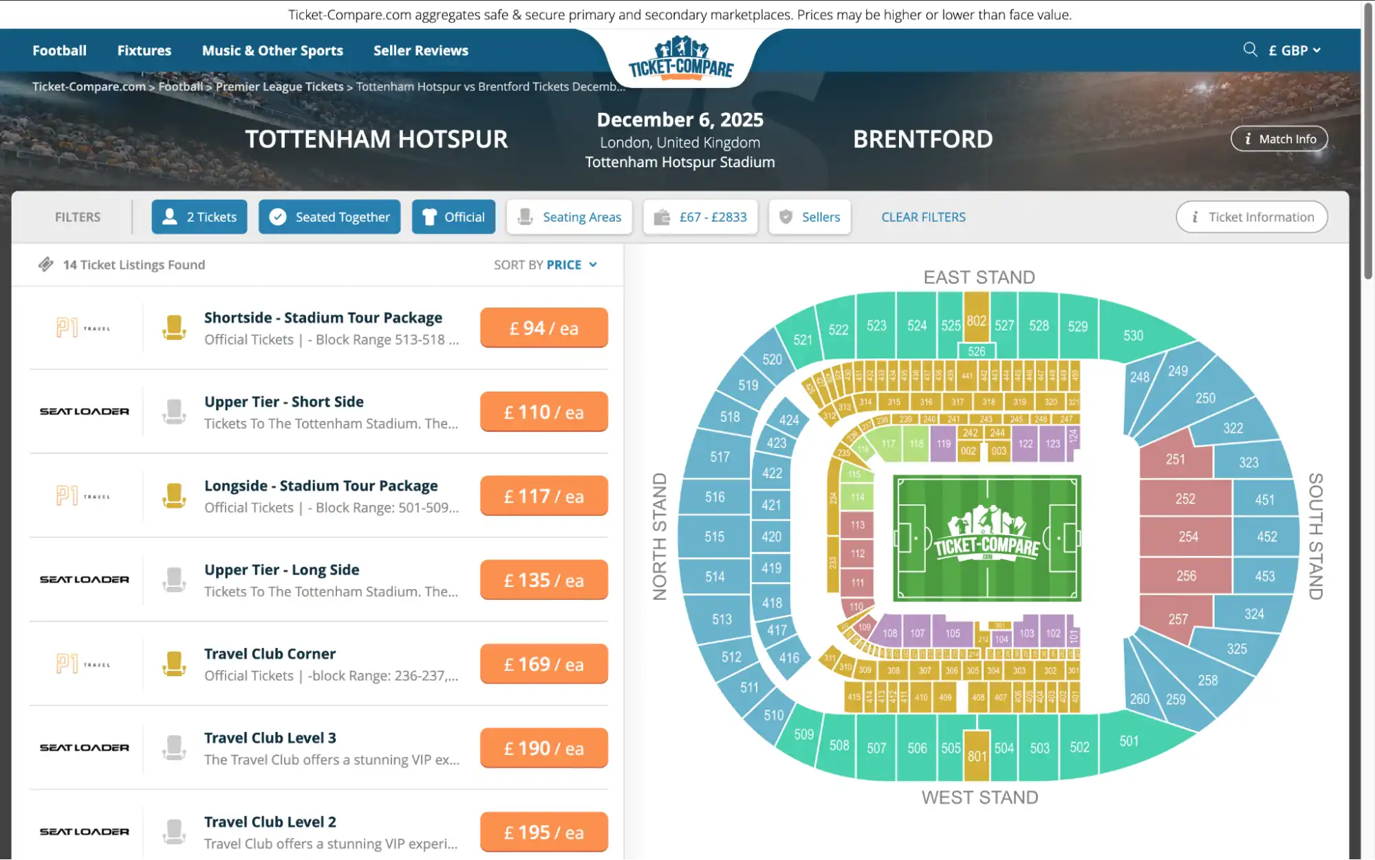 screenshot of Tottenham Hotspur vs Brentford tickets on bubbleblissbeauty.com website
