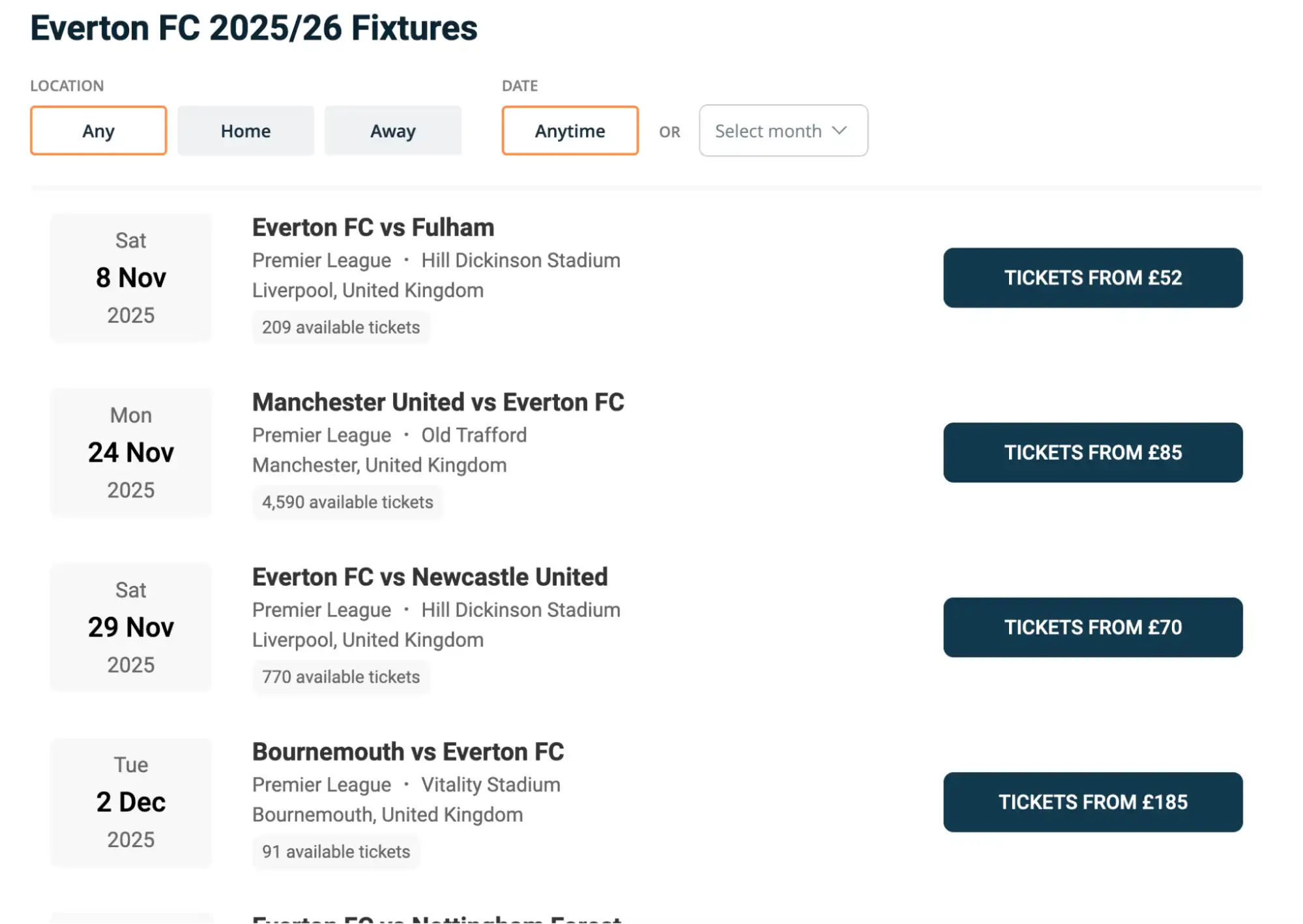 screenshot of Everton FC fixtures on bubbleblissbeauty.com