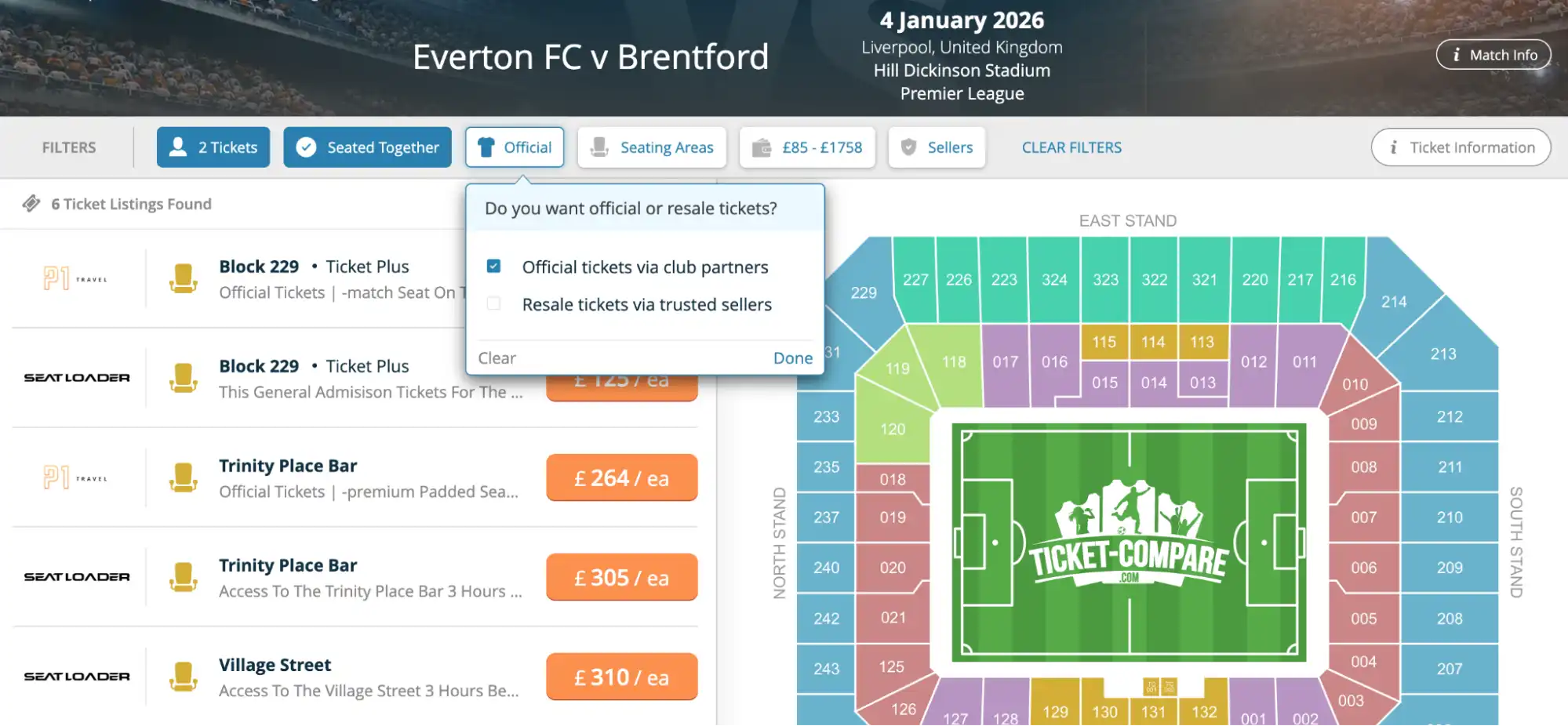 screenshot of Official/Resale tickets option on Everton tickets page