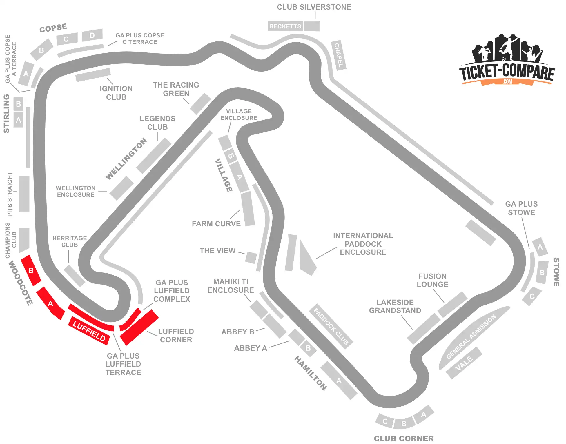 ScreenShot Of SilverStone Circuit seating plan with Luffied and Woodcote sections highlighted