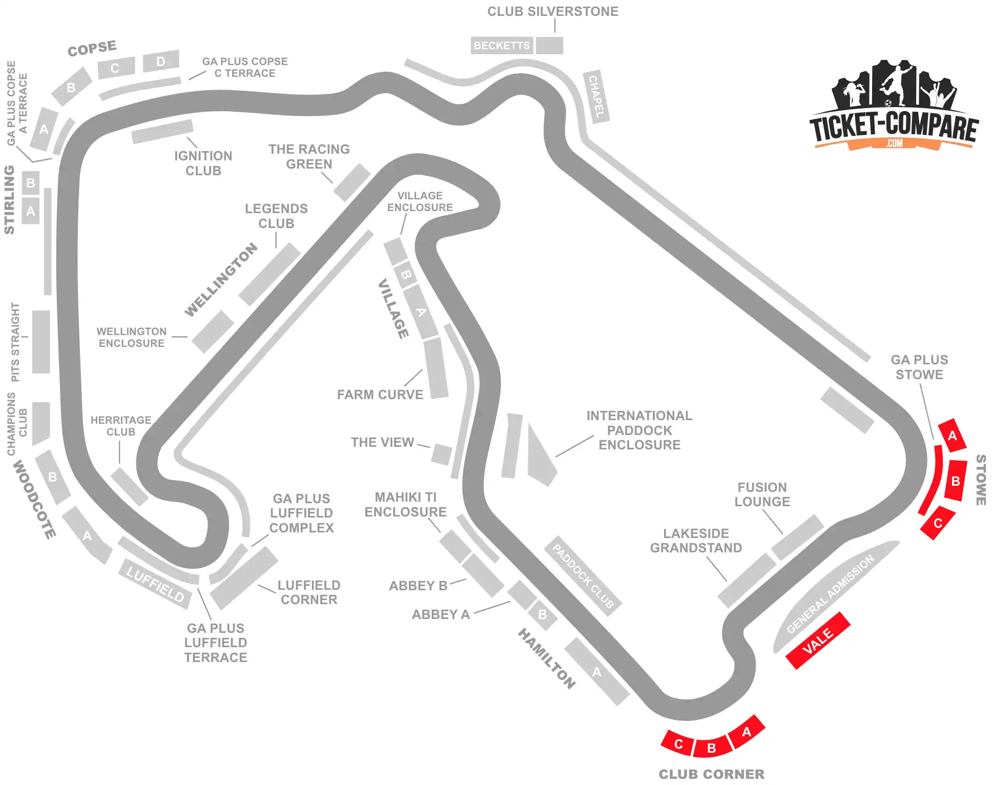 ScreenShot Of SilverStone Circuit seating plan with Stowe, Vale and Club Corner sections highlighted