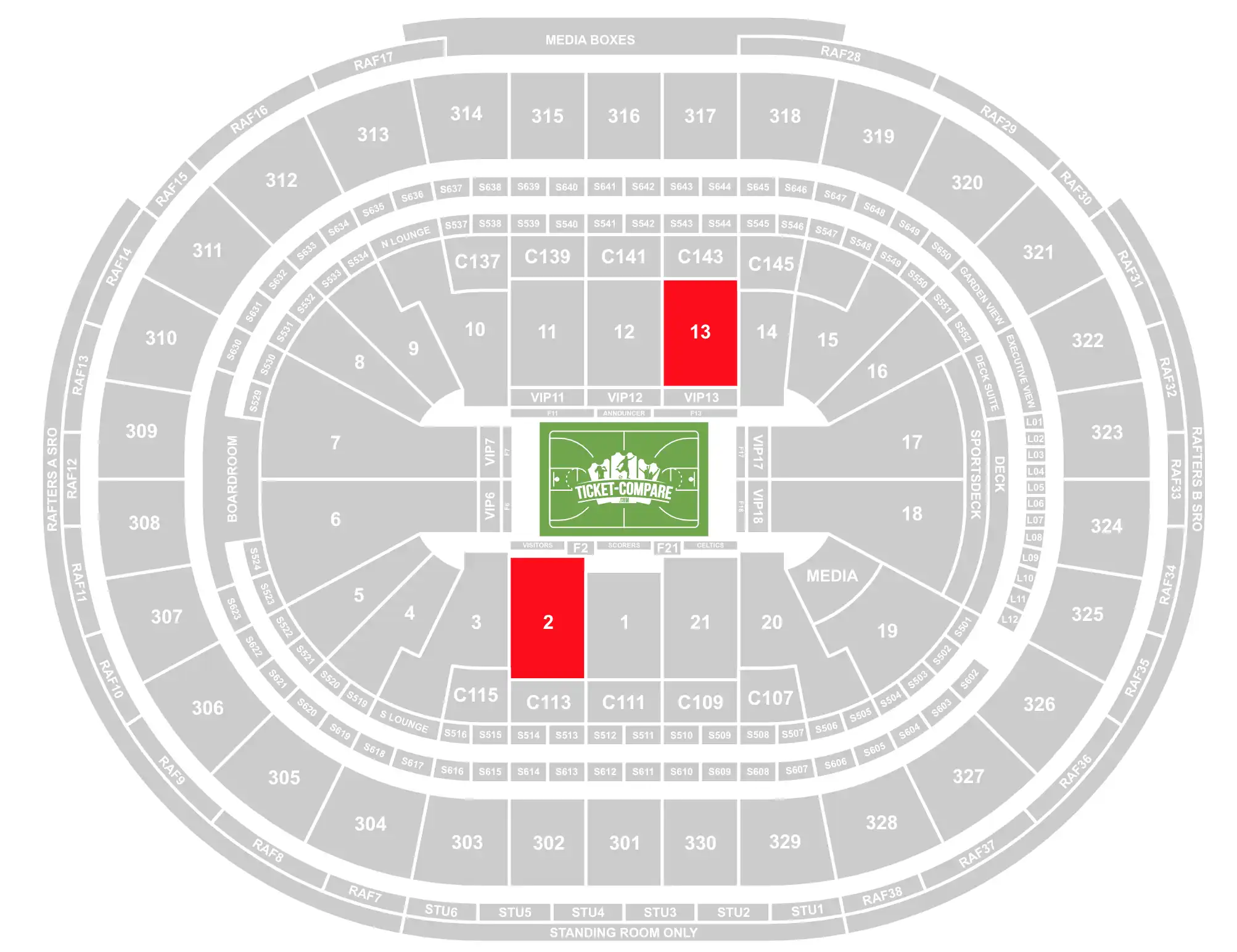 ScreenShot of TD Garden seating plan with 2 and 13 sections highlighted