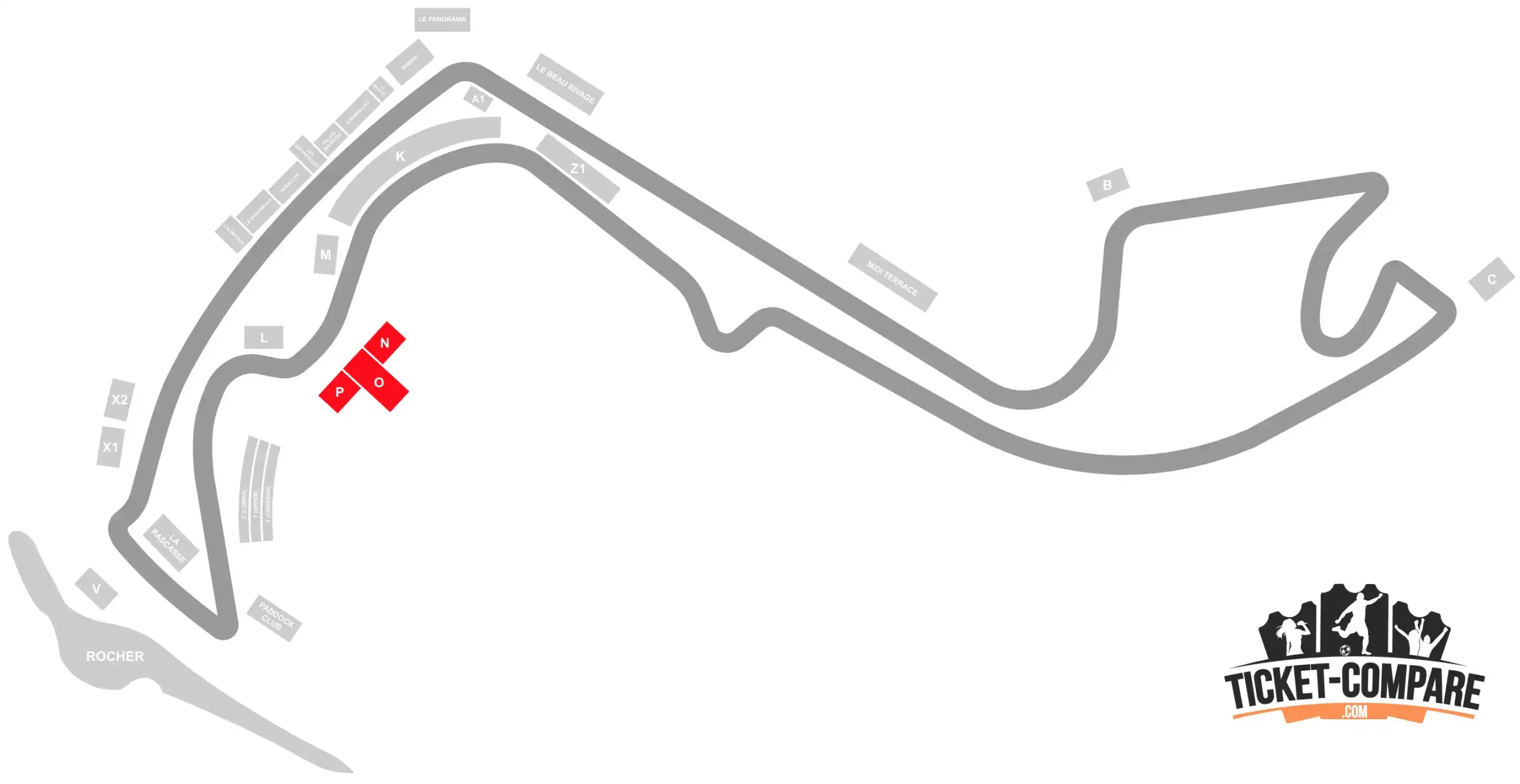 ScreenShot of Circuit de Monaco Seating Plan with the N, O and P Stands highlighted