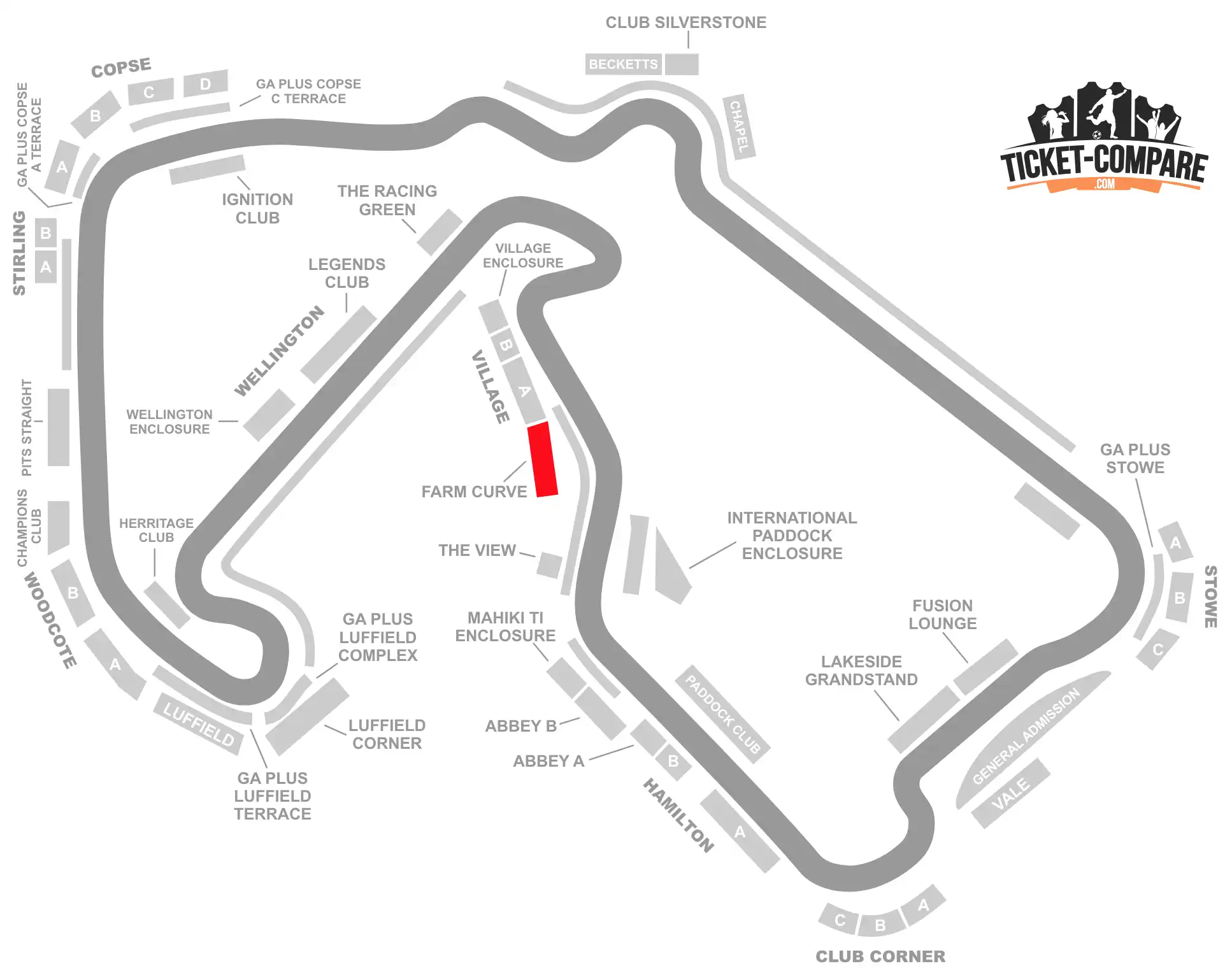 ScreenShot of Silverstone Circuit Seating plan with the Farm Curve highlighted