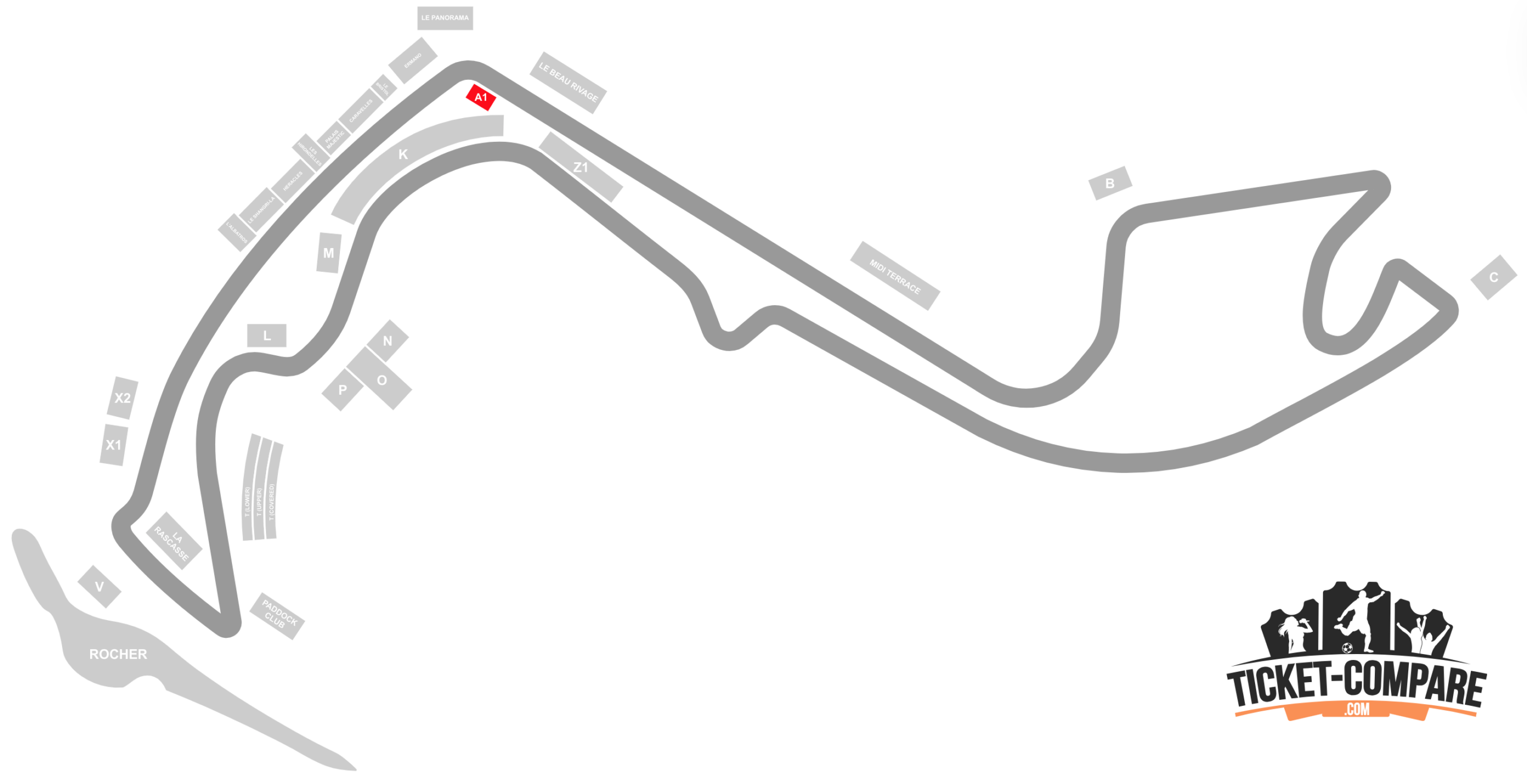 Screenshot of Circuit de Monaco seating plan with the A1 stand highlighted