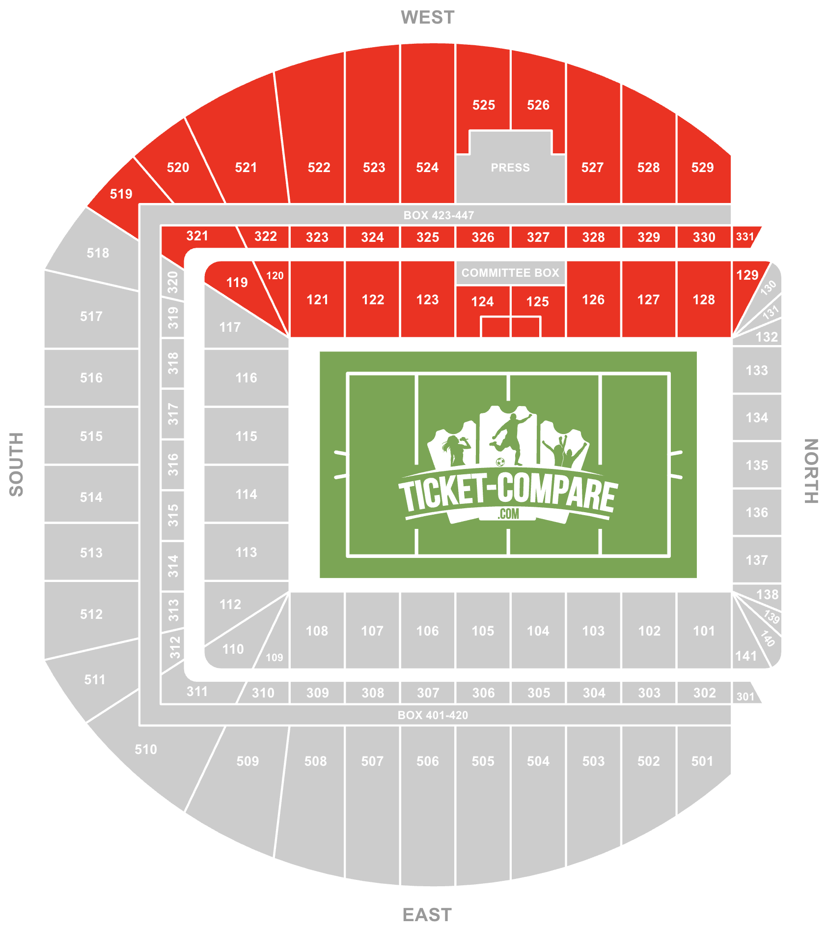 Screenshot Aviva Stadium Seating Plan with the West Stand highlighted