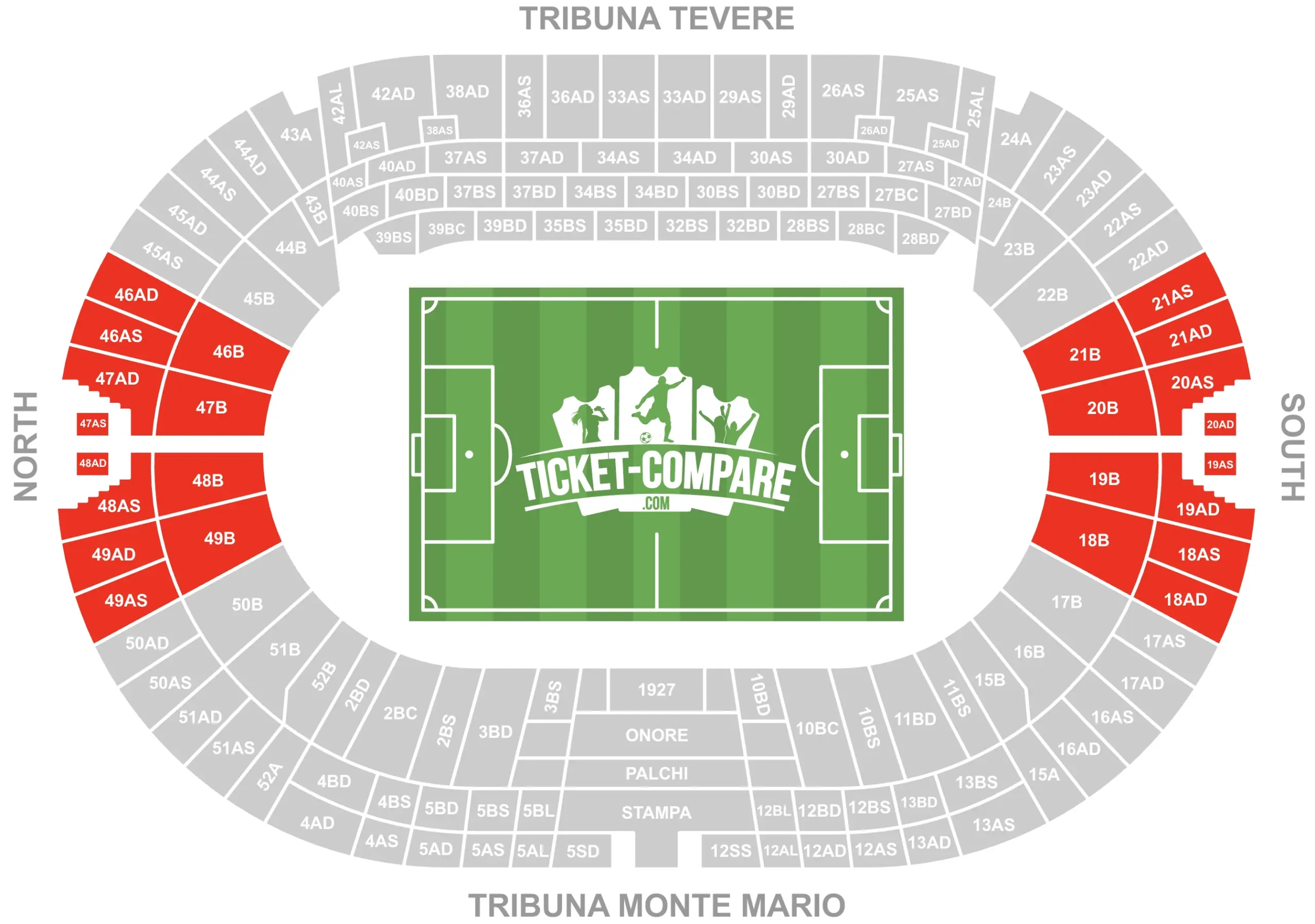 Screenshot of Stadio Olimpico Seating plan with the Short sides highlighted