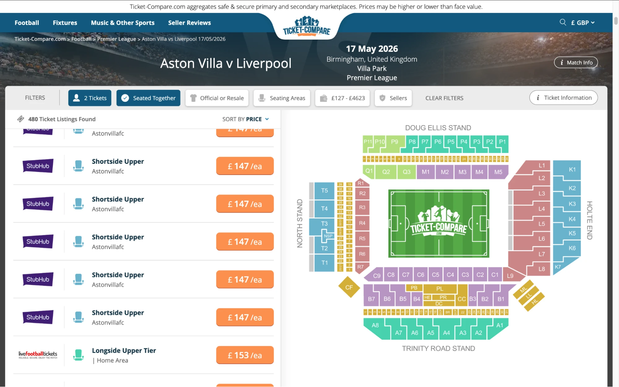 Screenshot of Aston Villa v Liverpool tickets page on bubbleblissbeauty.com