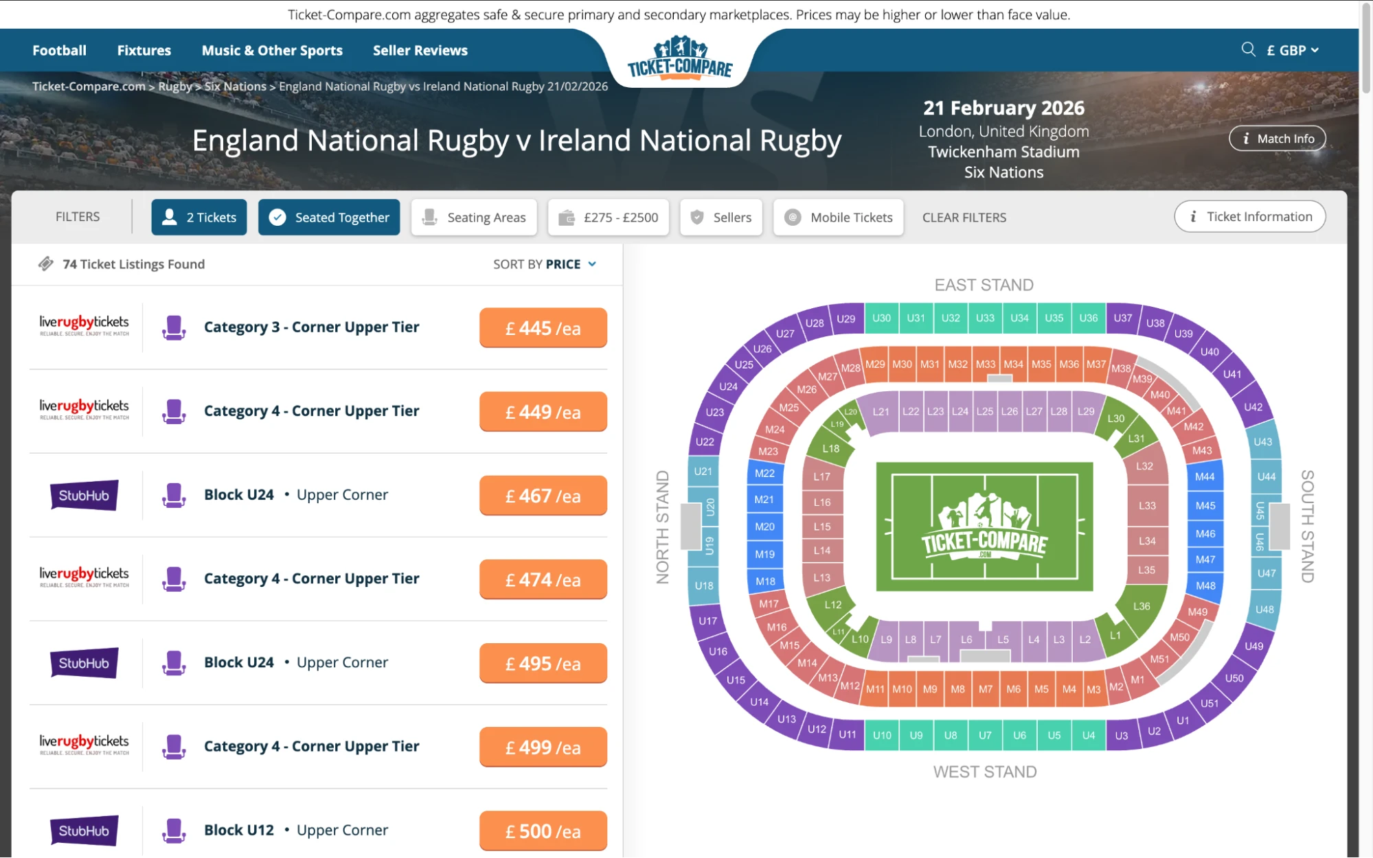 Screenshot of England National Rugby v Ireland National Rugby tickets page on bubbleblissbeauty.com