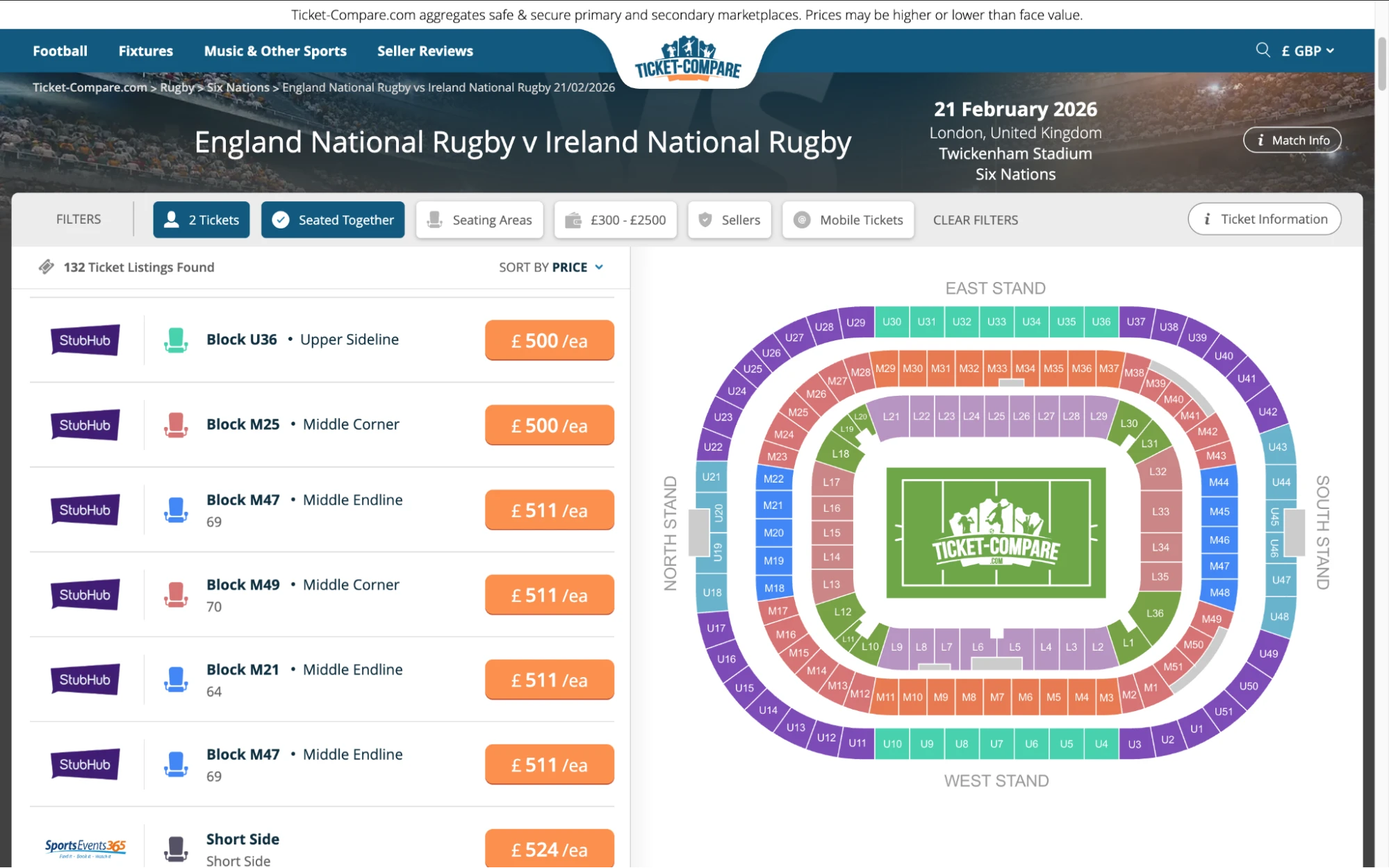 Screenshot of England National Rugby v Ireland National Rugby tickets page on bubbleblissbeauty.com