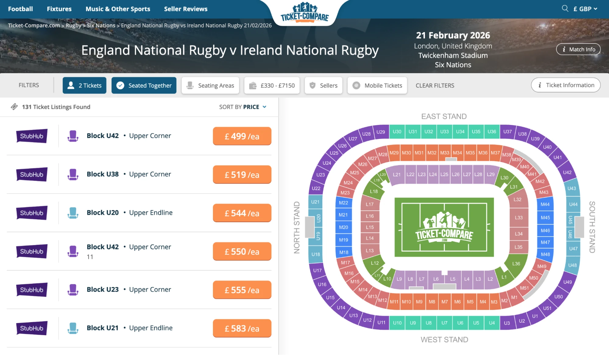 Screenshot of England National Rugby v Ireland National Rugby tickets page on bubbleblissbeauty.com