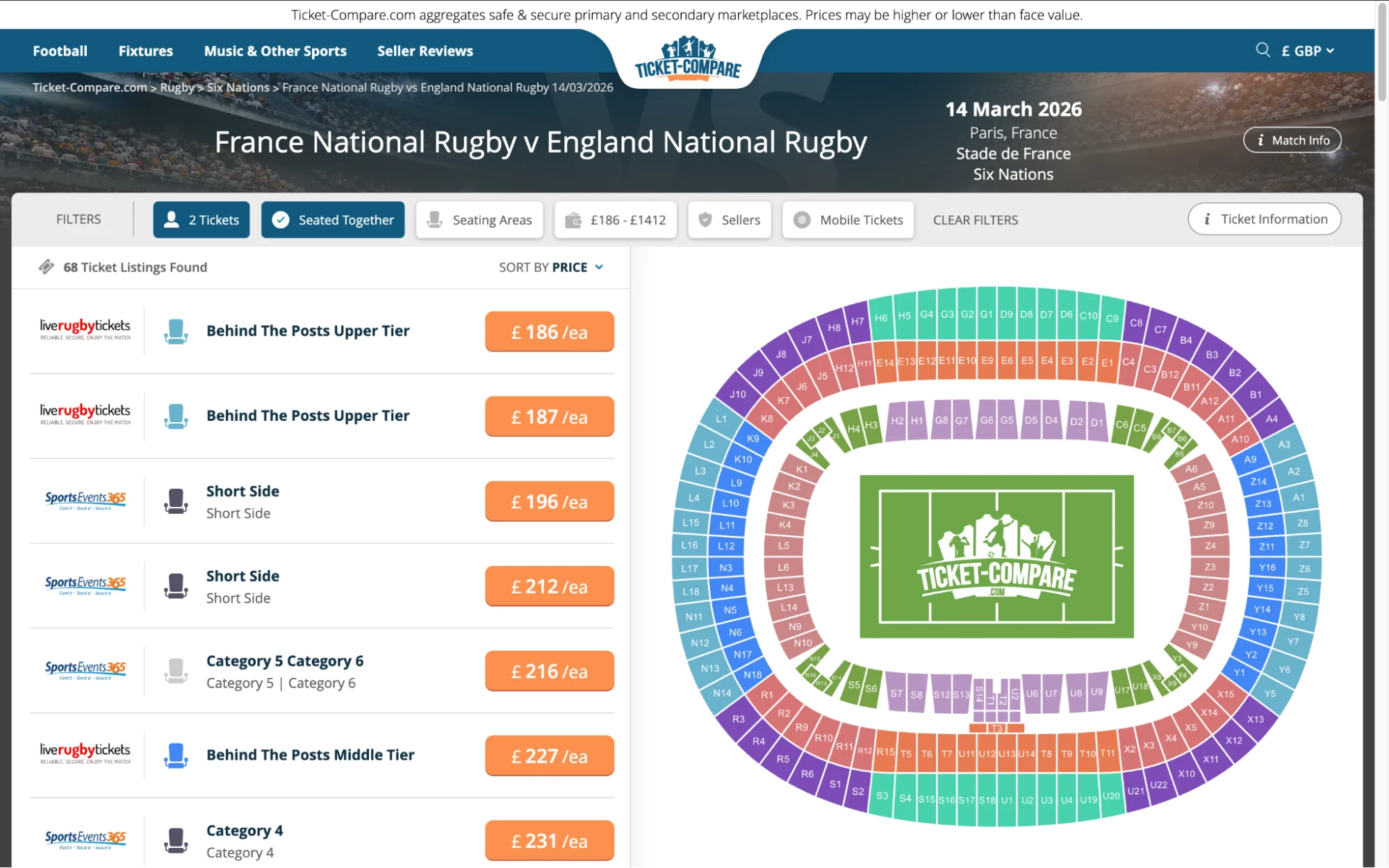 Screenshot of France National Rugby v England National Rugby tickets page on bubbleblissbeauty.com