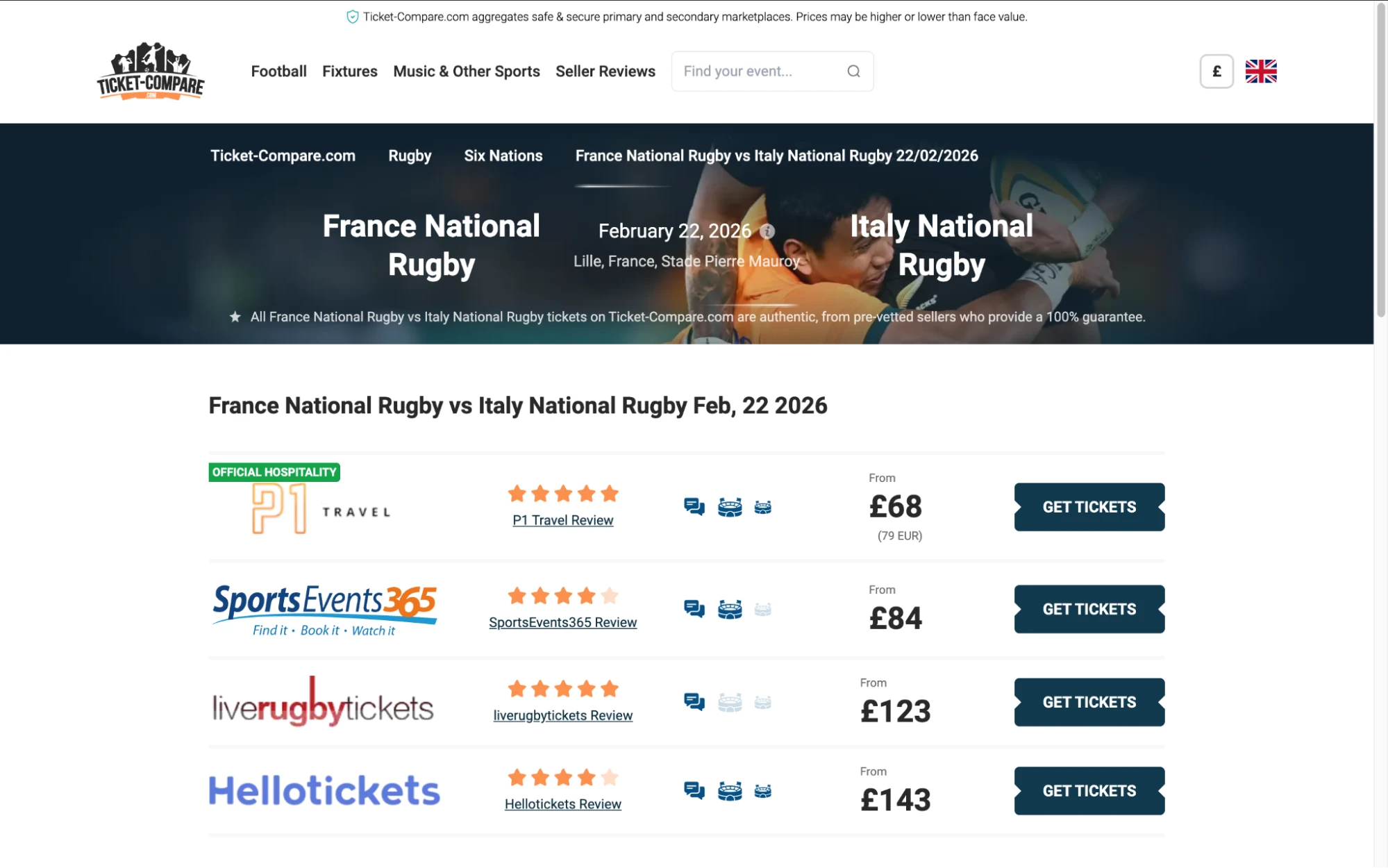 Screenshot of France National Rugby v Italy National Rugby tickets page on bubbleblissbeauty.com