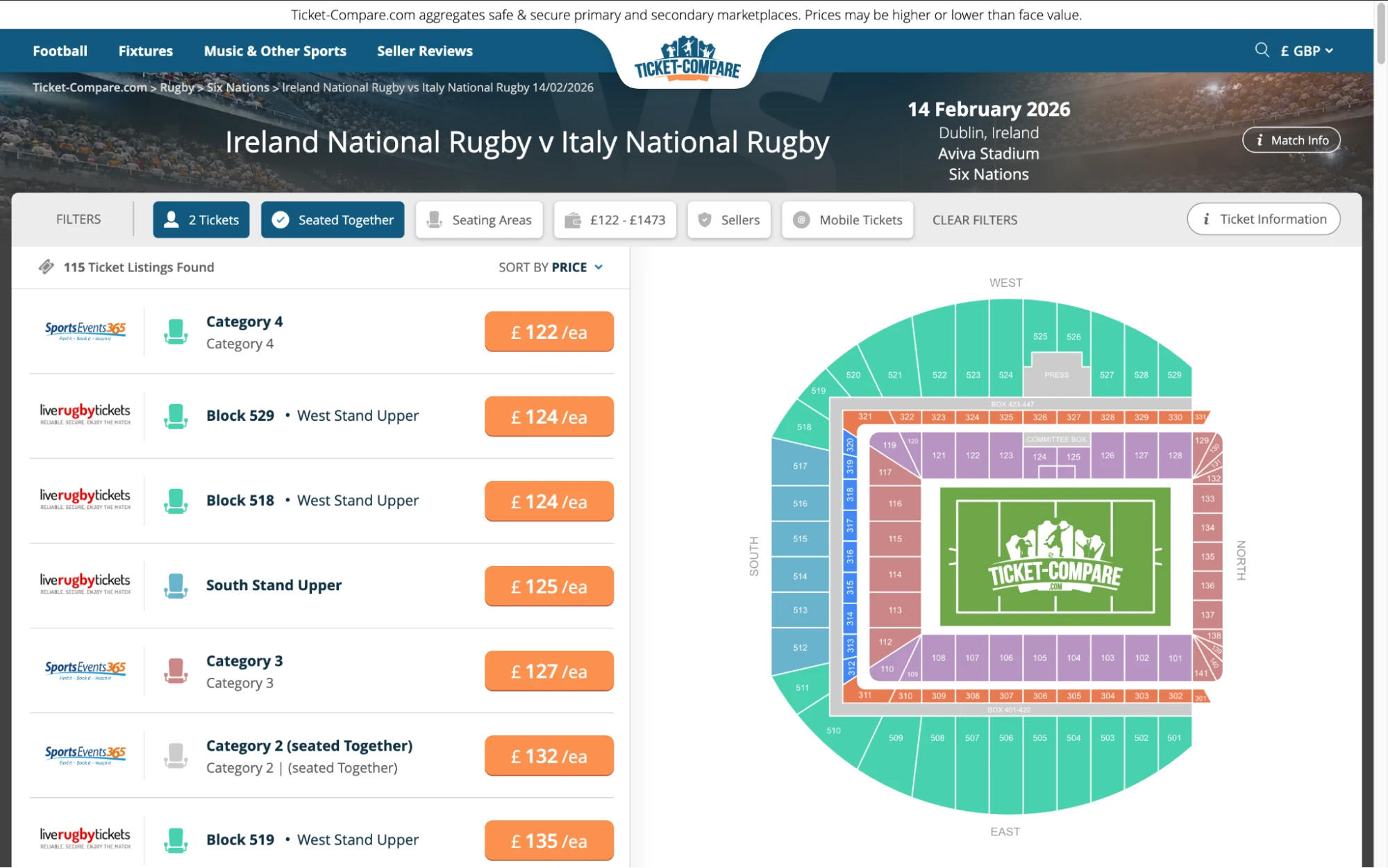 Screenshot of Ireland National Rugby v Italy National Rugby tickets page on bubbleblissbeauty.com