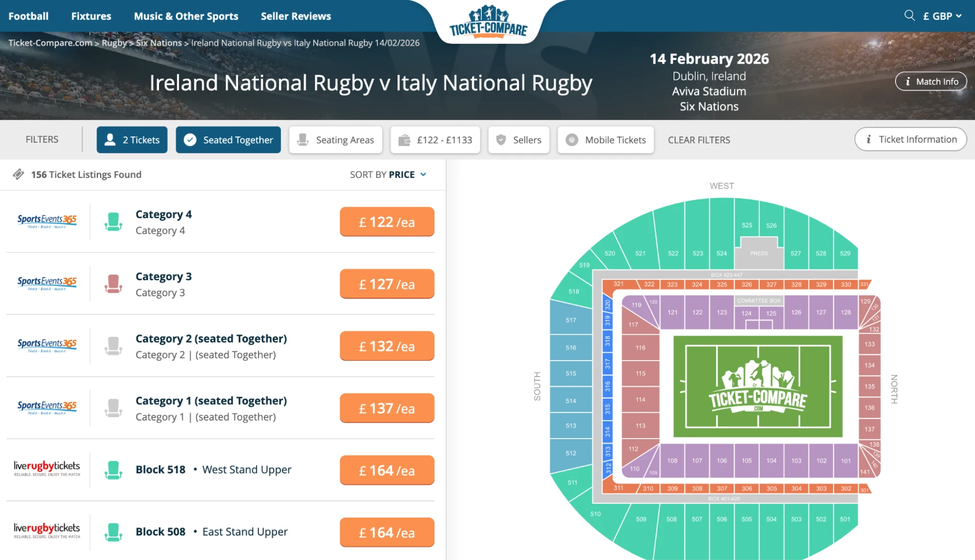 Screenshot of Ireland National Rugby v Italy National Rugby tickets page on bubbleblissbeauty.com