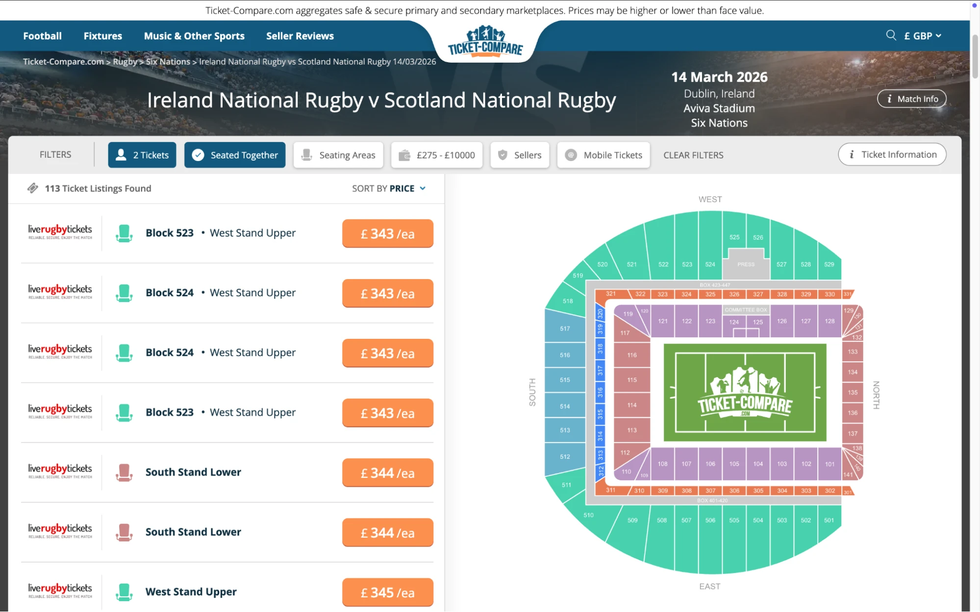 Screenshot of Ireland National Rugby v Scotland National Rugby tickets page on bubbleblissbeauty.com