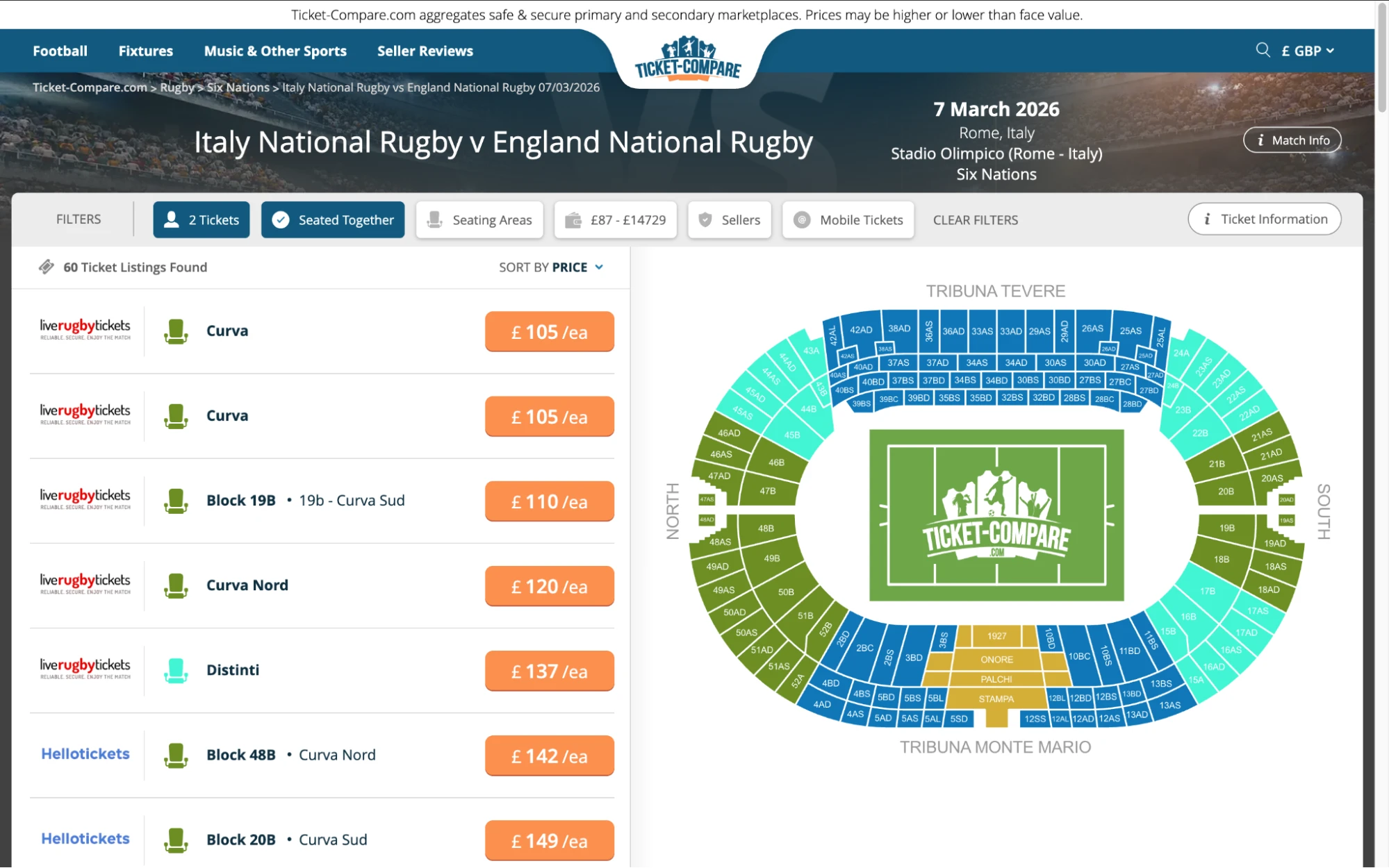Screenshot of Italy National Rugby v England National Rugby tickets page on bubbleblissbeauty.com
