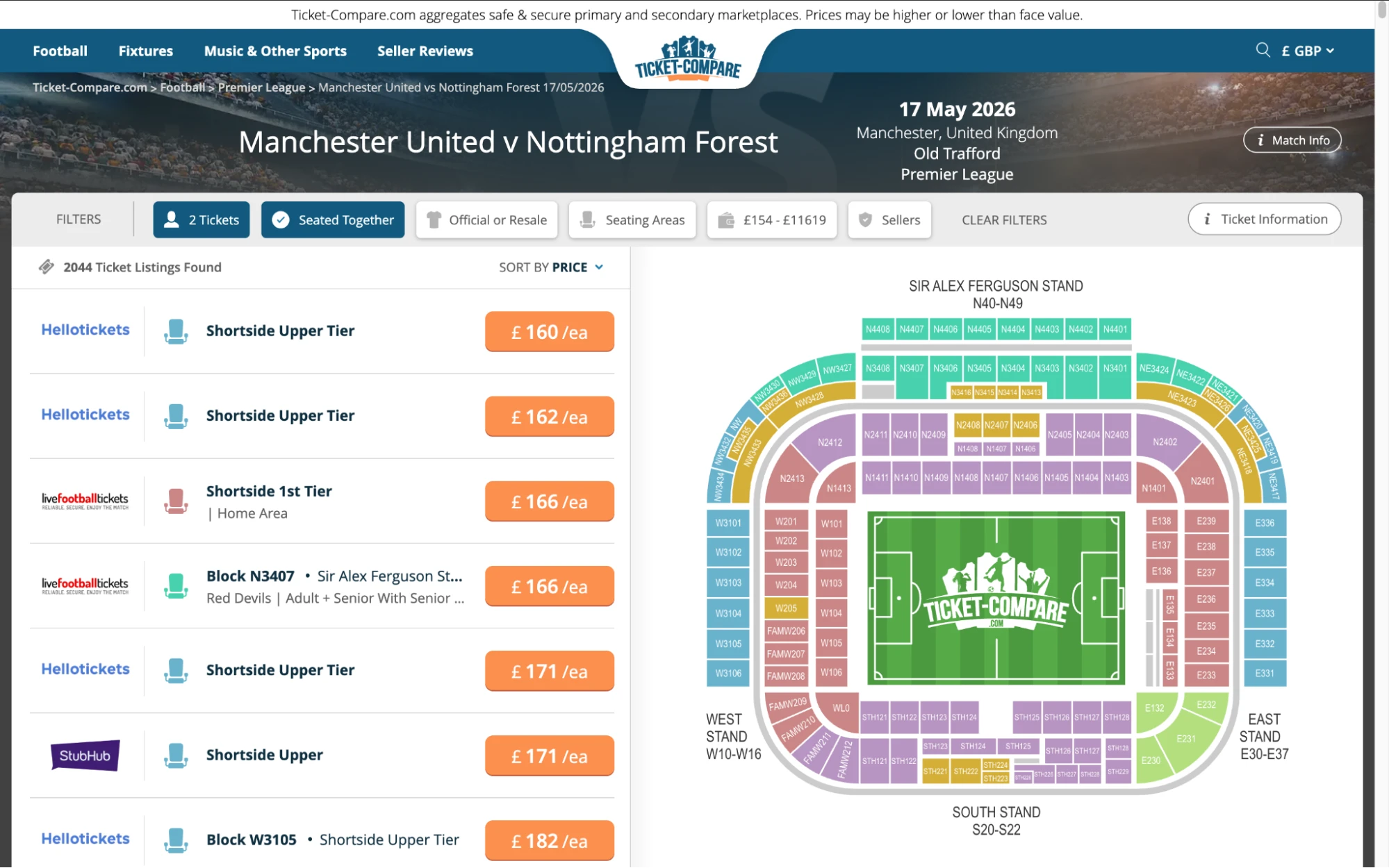 Screenshot of Manchester United v Nottinham Forest tickets page on bubbleblissbeauty.com
