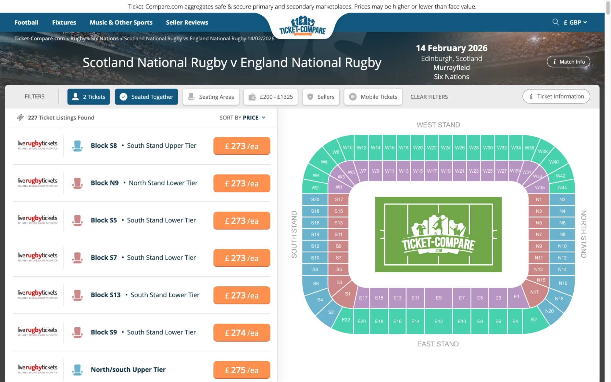 Screenshot of Scotland National Rugby v England National Rugby tickets page on bubbleblissbeauty.com