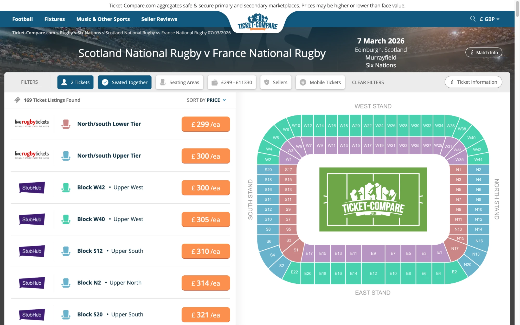 Screenshot of Scotland National Rugby v France Six Nations Rugby tickets page on bubbleblissbeauty.com