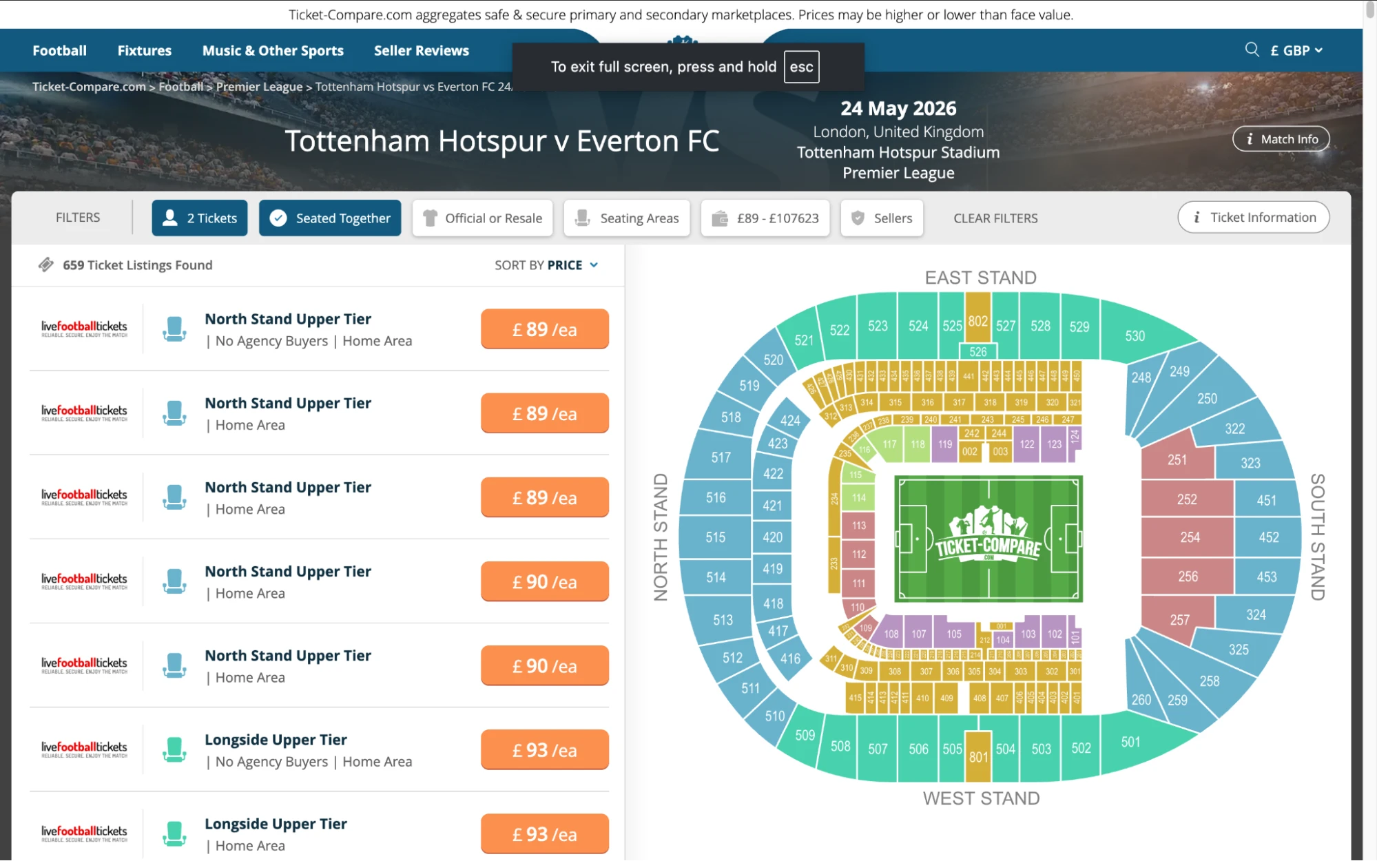 Screenshot of Tottenham Hotspur v Everton tickets page on bubbleblissbeauty.com