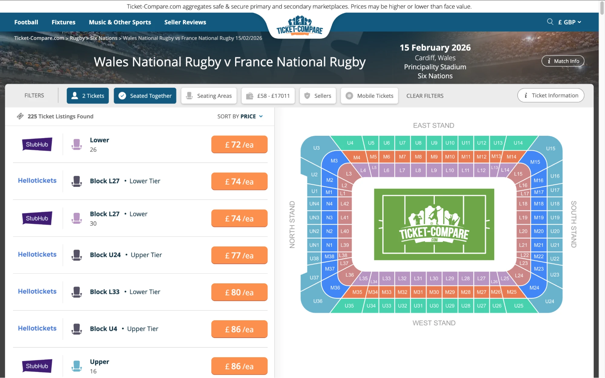 Screenshot of Wales National Rugby v France National Rugby tickets page on bubbleblissbeauty.com