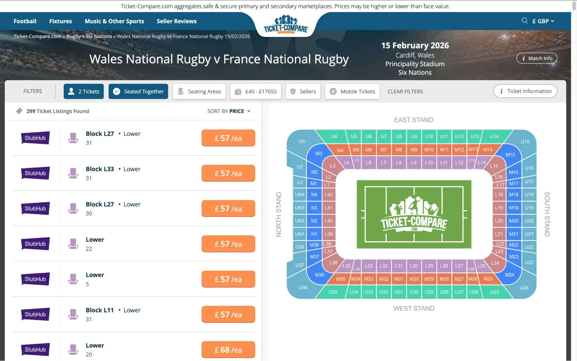 Screenshot of Wales National Rugby v France National Rugby tickets page on bubbleblissbeauty.com