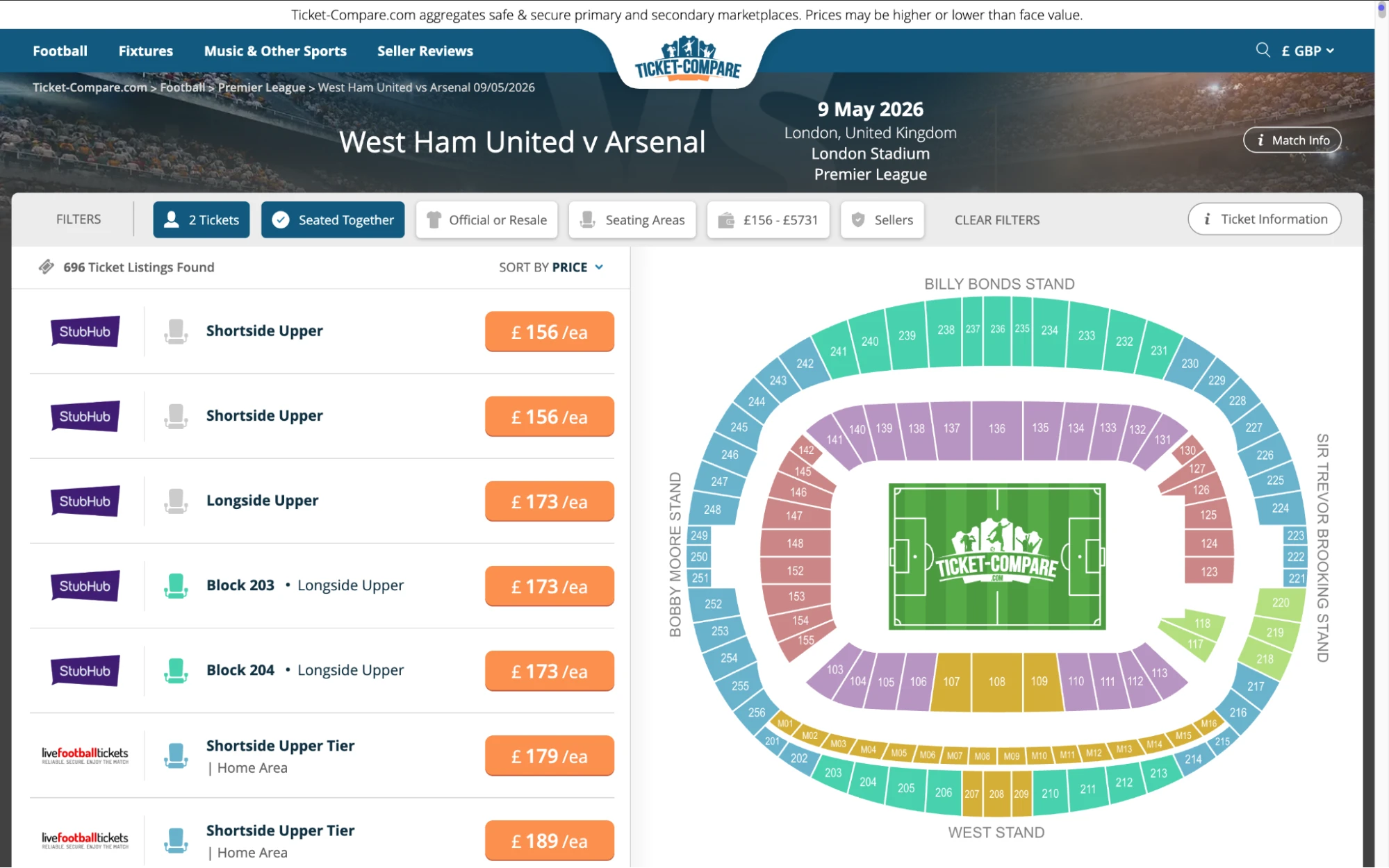 Screenshot of West Ham United v Arsenal tickets page on bubbleblissbeauty.com