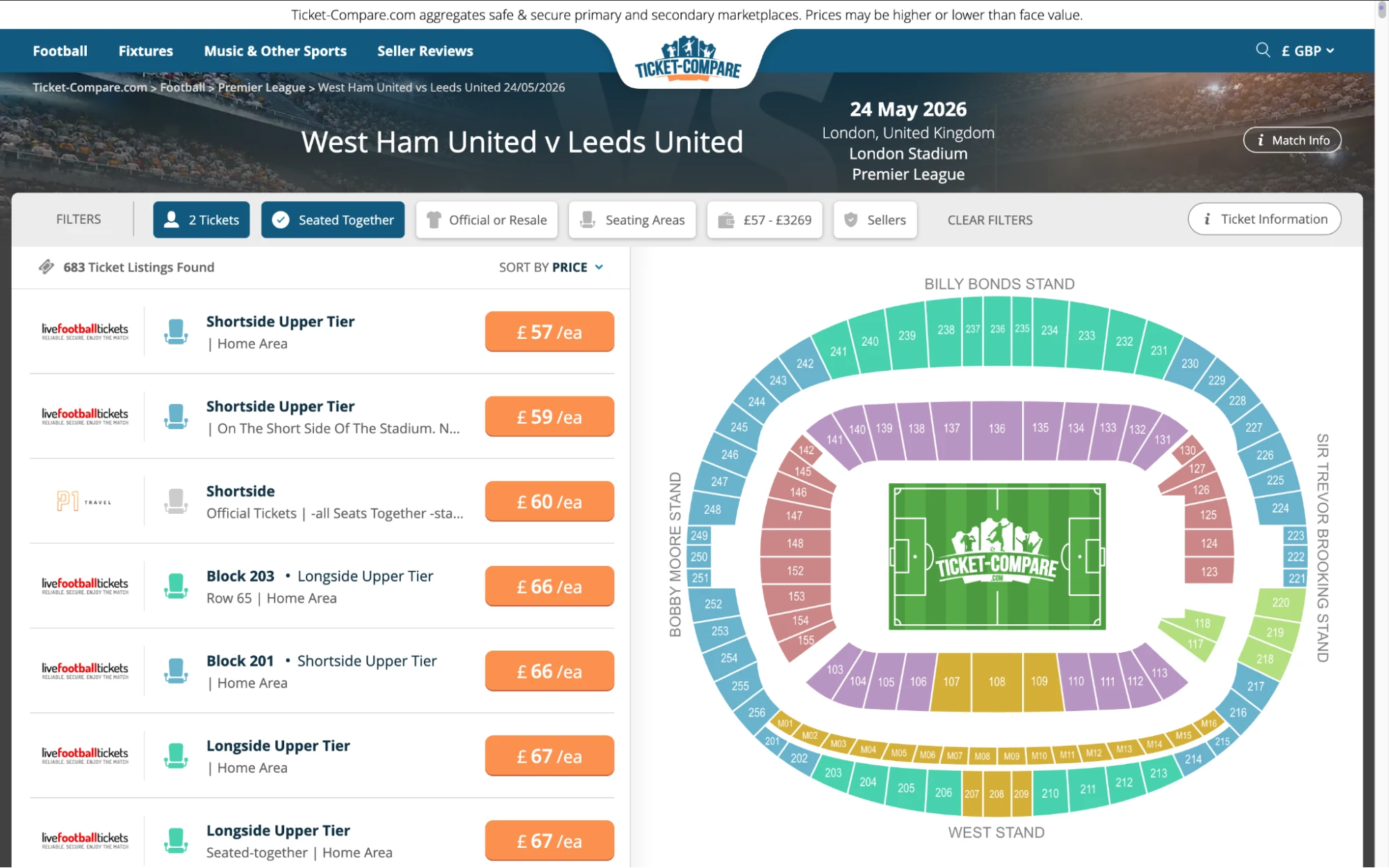 Screenshot of West Ham United v Leeds United tickets page on bubbleblissbeauty.com