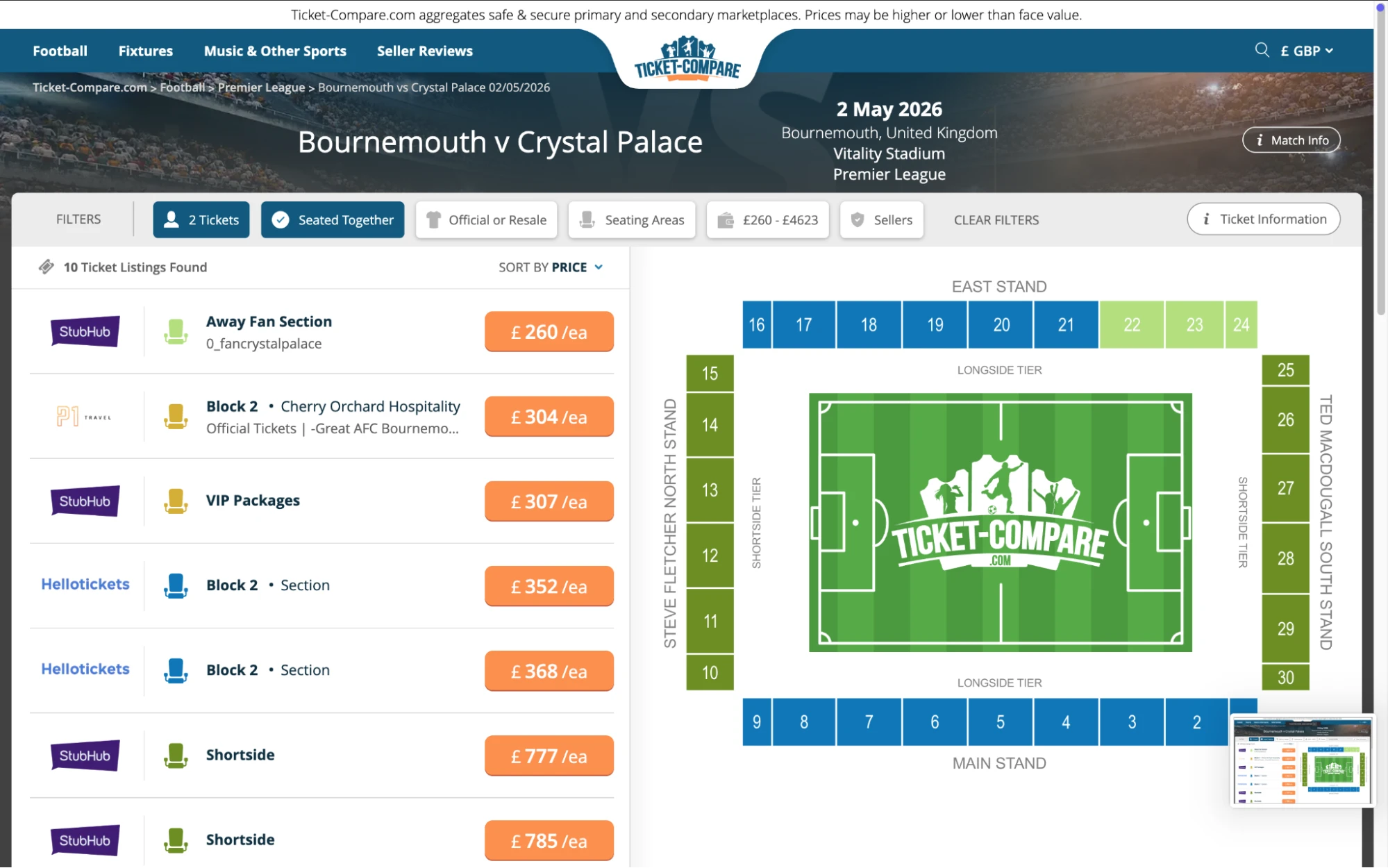 Screenshot of Bournemouth v Crystal Palace tickets page on bubbleblissbeauty.com