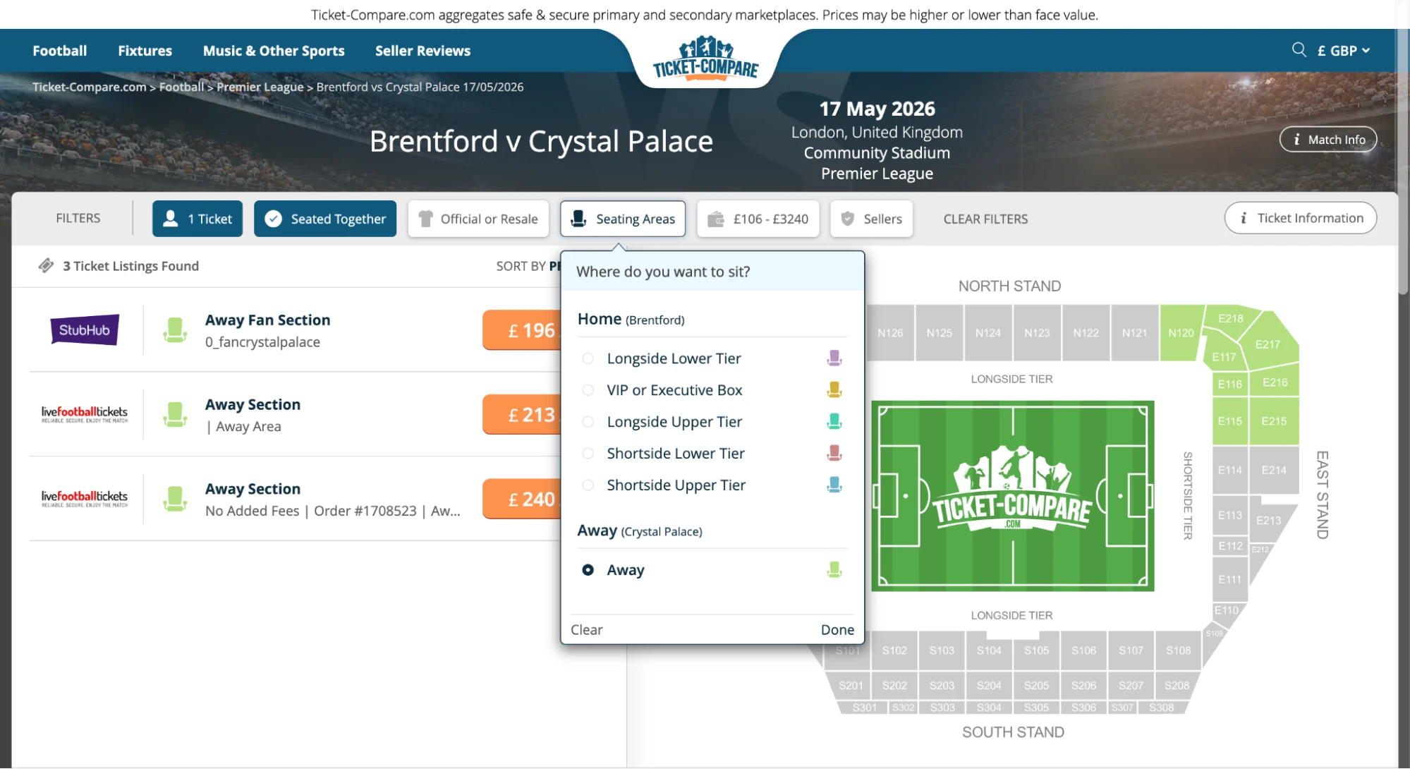 Screenshot of Seating Areas option on Brentford v Crystal Palace tickets page on bubbleblissbeauty.com