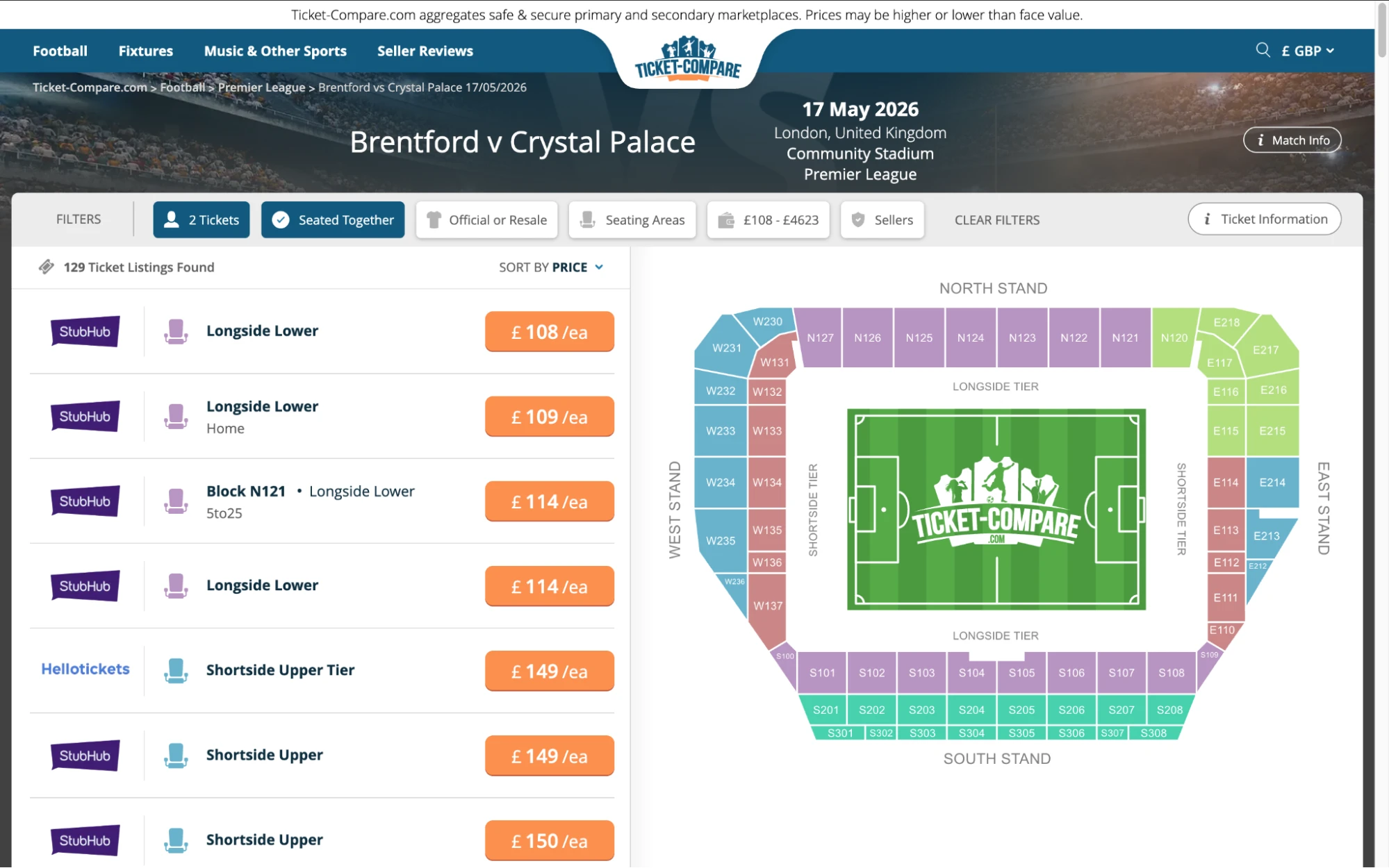 Screenshot of Brentford v Crystal Palace tickets page on bubbleblissbeauty.com