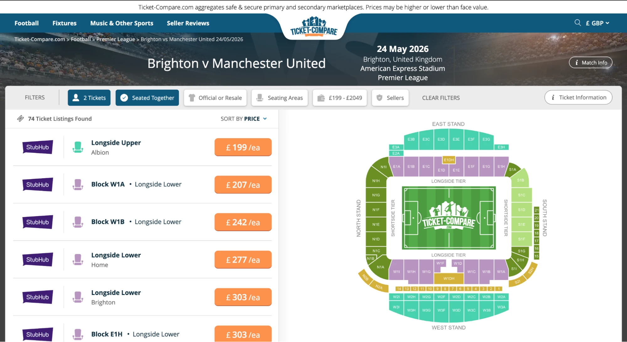 Screenshot of Brighton v Manchester United tickets page on bubbleblissbeauty.com