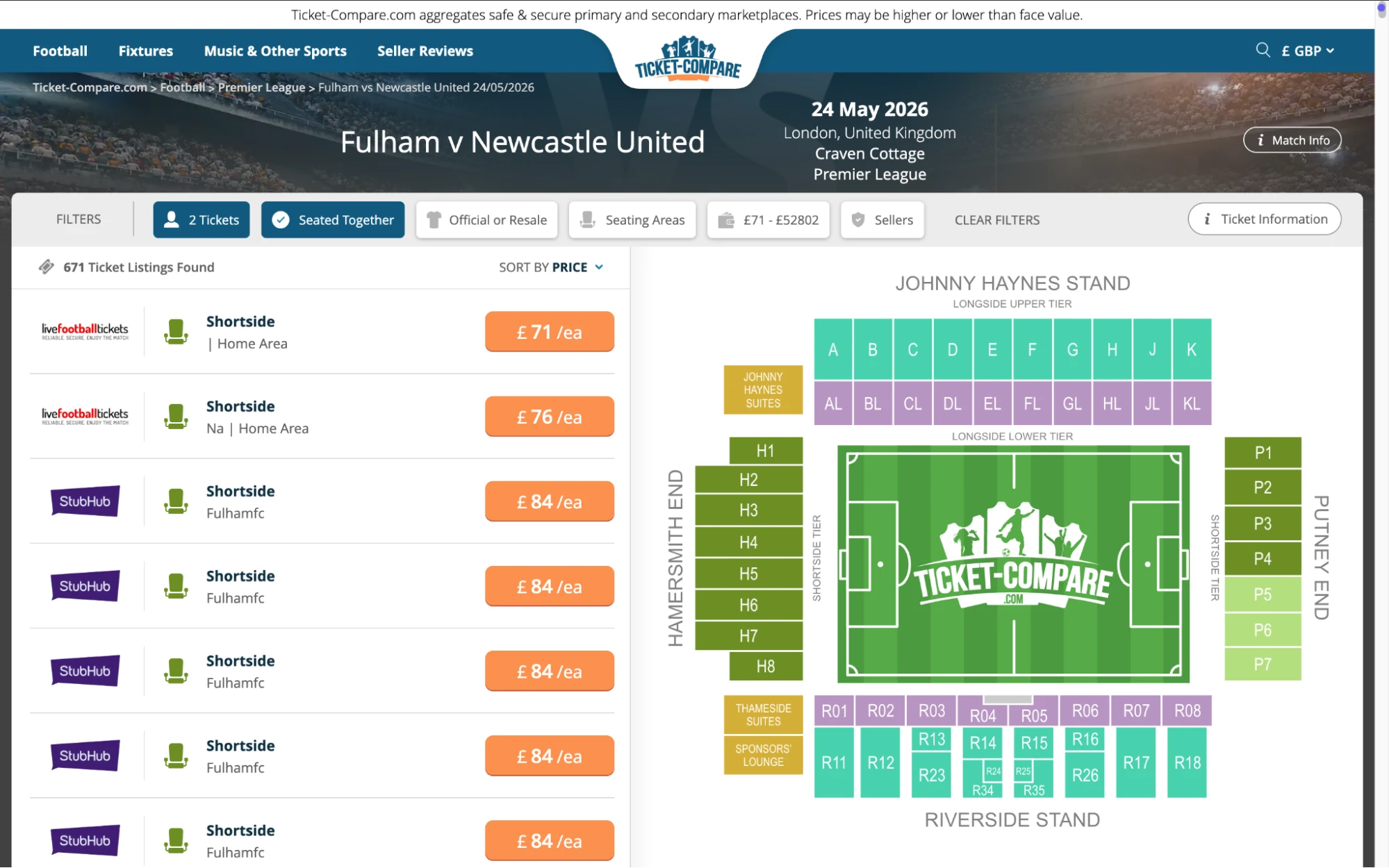 Screenshot of Fulham v Newcastle United tickets page on bubbleblissbeauty.com