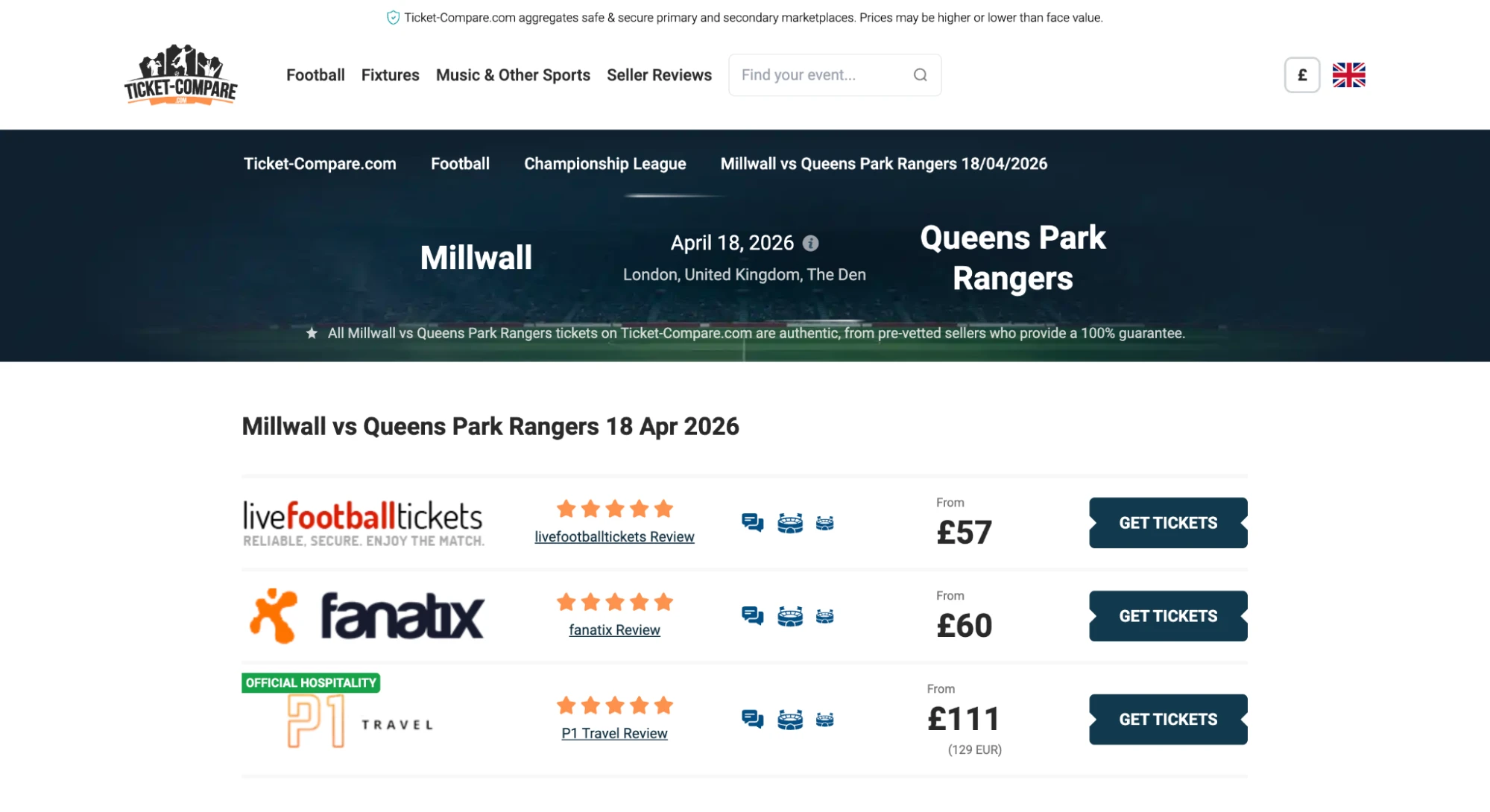 Screenshot of Millwall v Queens Park Rangers tickets page on bubbleblissbeauty.com